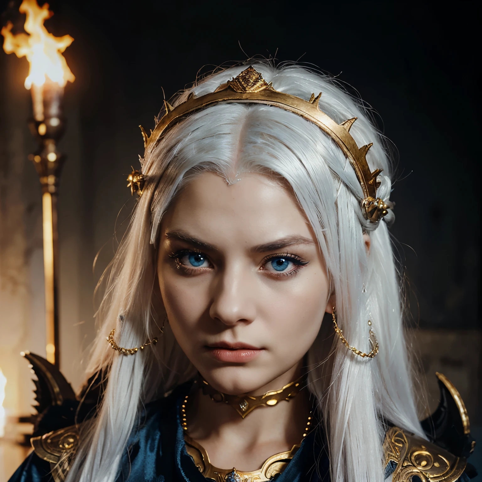 girl with white hair, blue eyes, serious look, dressed like a queen from ancient times and a golden crown and a black dragon with red eyes like fire behind her