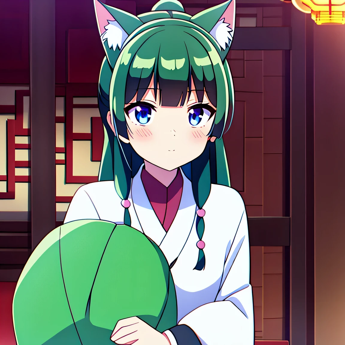 masterpiece, high quality, Round image, Cat ear, 1 girl, heart, alone, hair ornaments, Virtual YouTuber, pupil in the shape of a symbol, stupid hair, green hair, long hair, plaid, blush, stuffed animals, bangs, brown eyes, Chinese service, holding, looking at the viewer