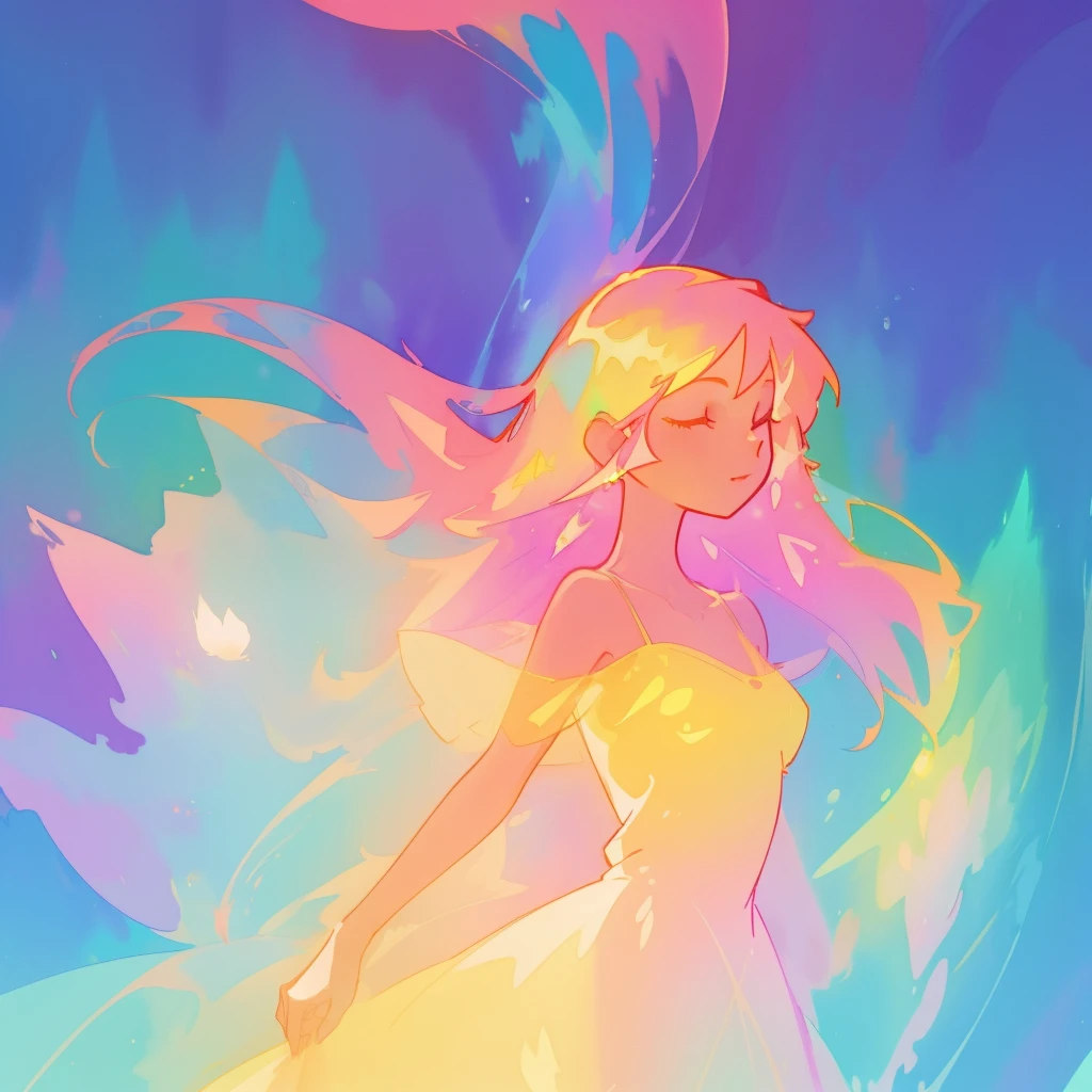 beautiful girl in simple ballgown dress, long flowing colorful liquid hair, colorful fantasia background, watercolor illustration, disney art style, glowing aura around her, glowing lights, beautiful digital illustration, fantasia otherworldly landscape plants flowers, beautiful, masterpiece, best quality, anime disney style