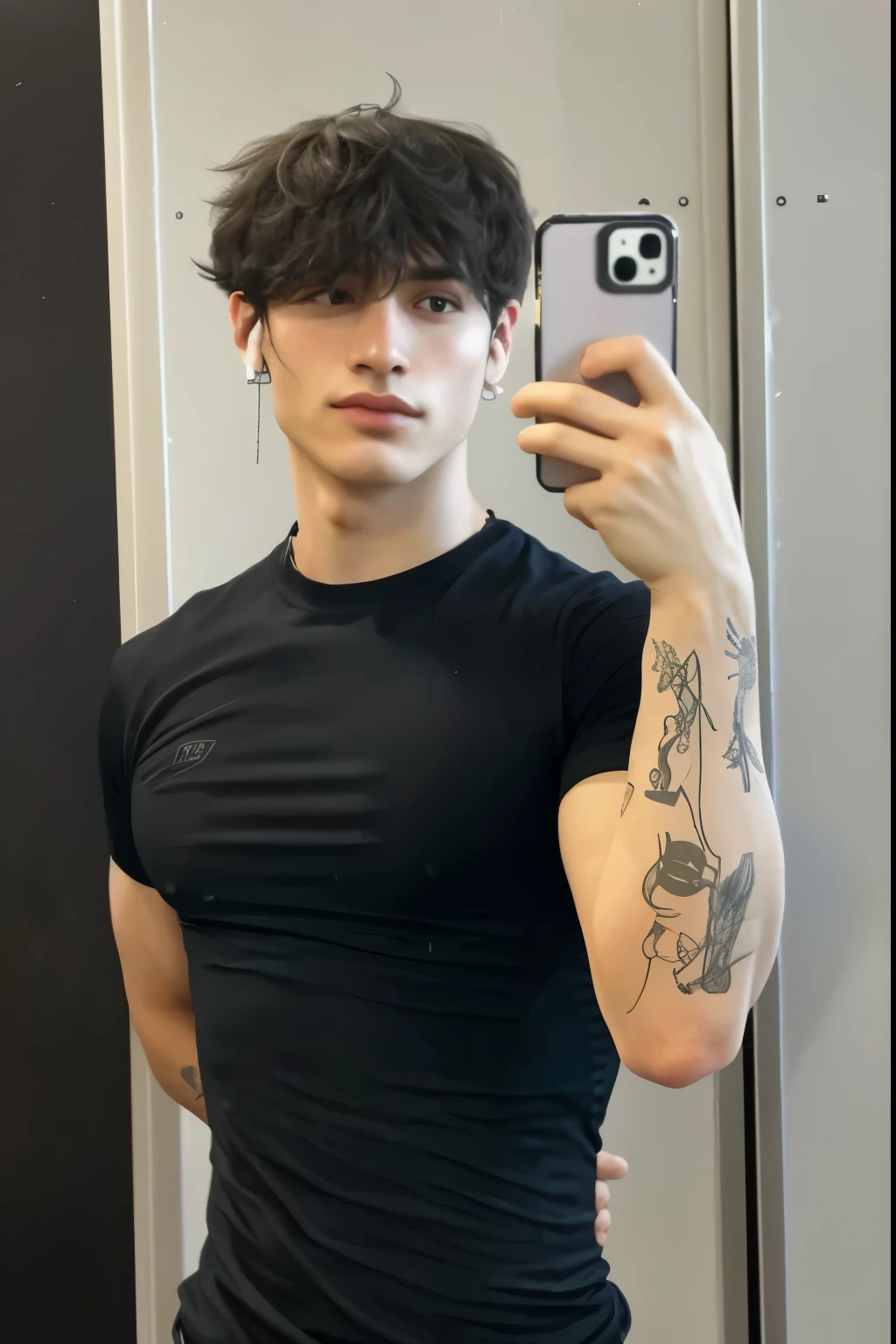 homem arafiado tirando uma selfie no espelho com um celular, estilo de seb mckinnon, young handsome and pale rome, com tatuagens, I agree with you, imagem de perfil, taken at the beginning of 2020, marco lense, homem jovem e magro, Rafael Personaz, 18 anos de idade, tatuado, non-binary model, Zac Retz