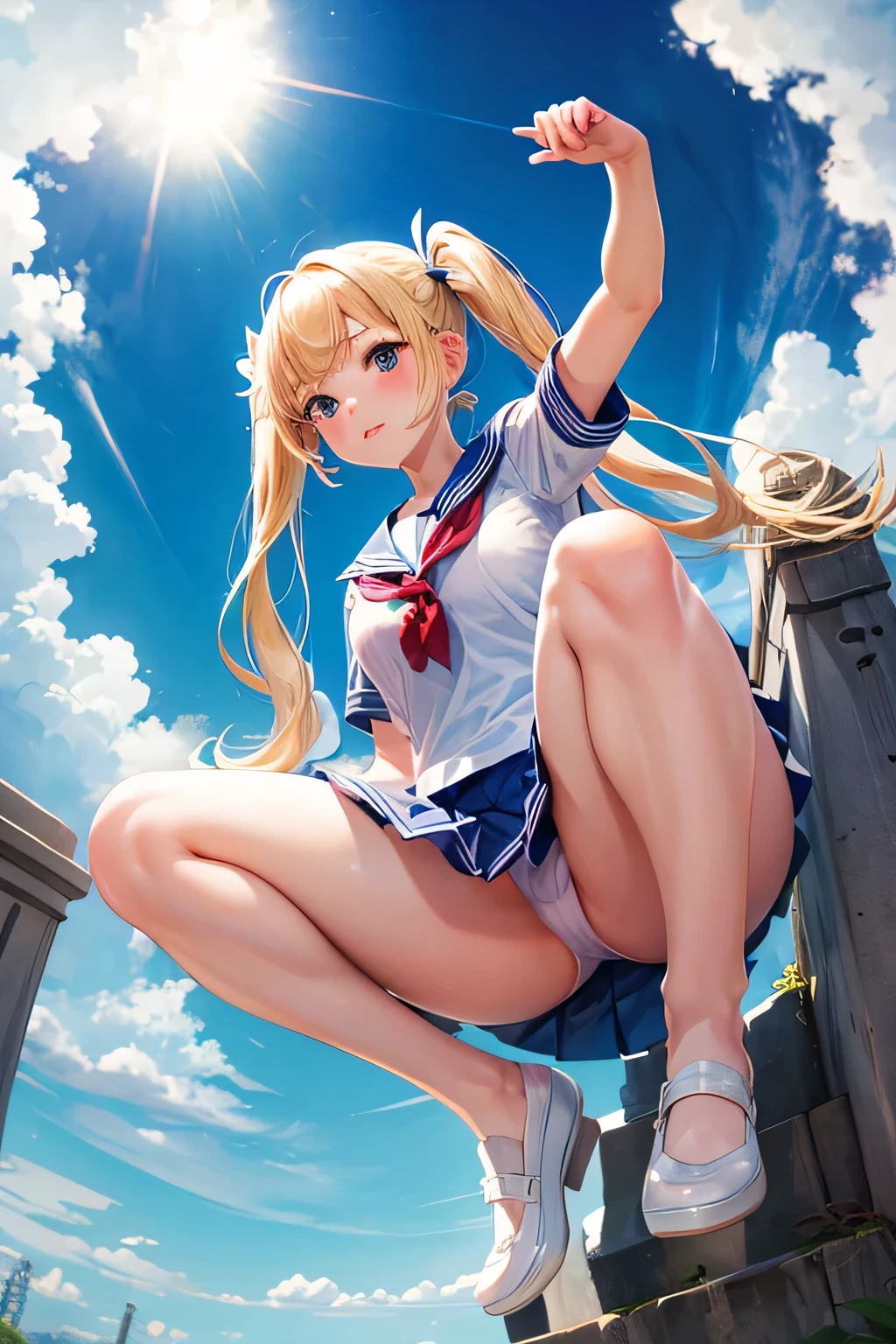 front、panty shot、sailor suit、Beautiful Girl Magician、blonde twintails、((whole body))、(((photo taken from below)))、school gate