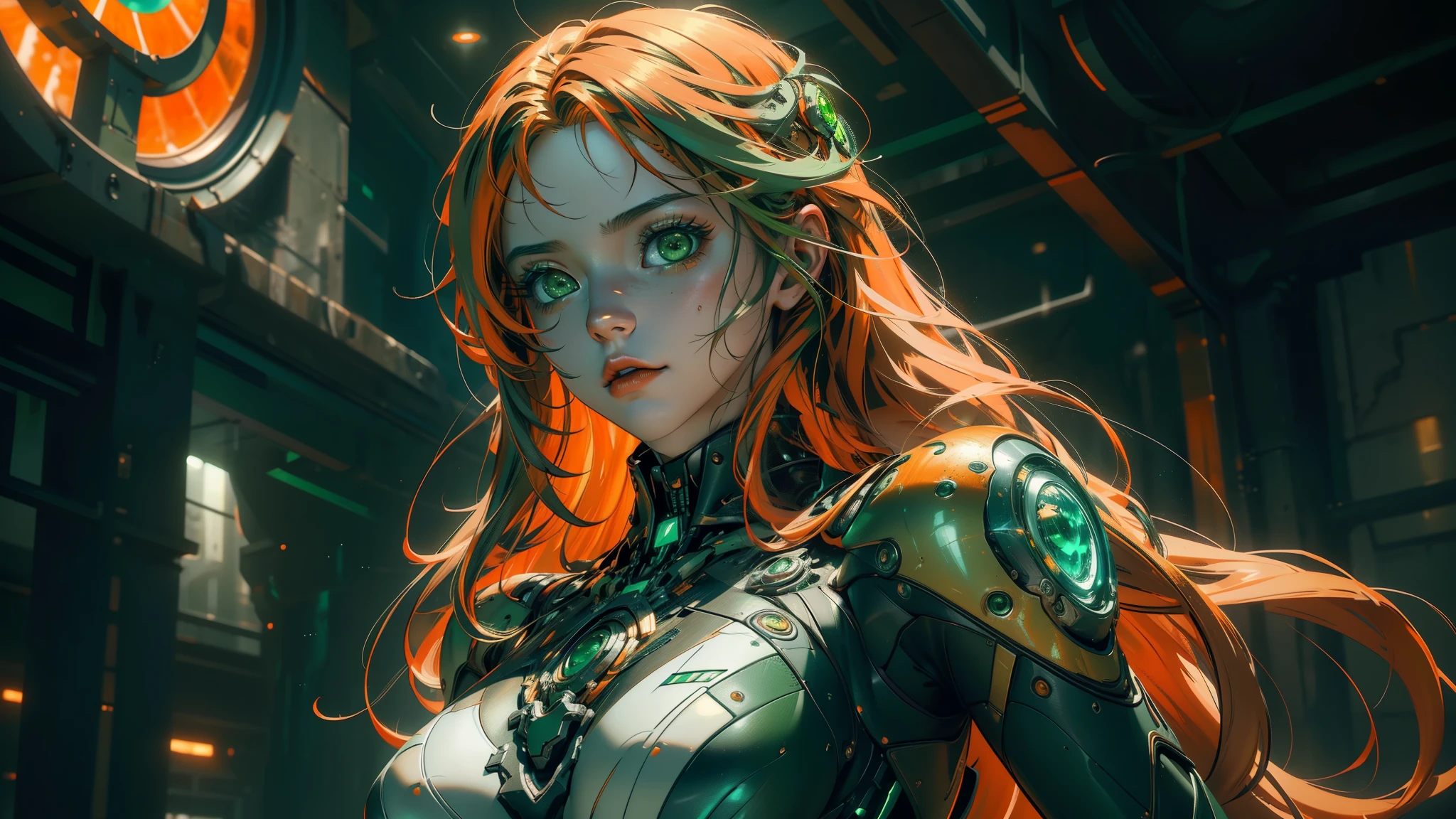 1 girl, solo, ((Best quality)), ((masterpiece)), (detailed:1.4), 3D, an image of a beautiful cyberpunk female,HDR (High Dynamic Range), Ray Tracing,NVIDIA RTX,Super-Resolution,Unreal 5,Subsurface scattering,PBR Texturing,Post-processing,Anisotropic Filtering,Depth-of-field,Maximum clarity and sharpness,Multi-layered textures,Albedo and Specular maps,Surface shading,Accurate simulation of light-material interaction,Perfect proportions,Octane Render,Two-tone lighting,Wide aperture,Low ISO,White balance,Rule of thirds,8K RAW, (((detailed green eyes))), (((orange long hair)))