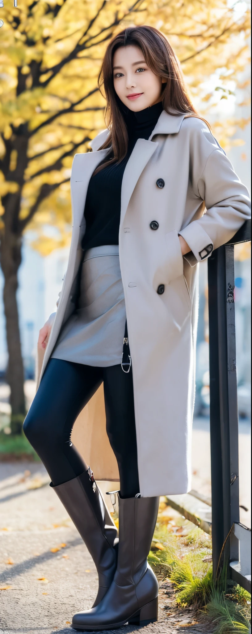 (((32K,very high res, high detailing, highly accurate,Masterpiece Girl 1:1.5))), Raw photo & realistic atmosphere, beautiful dark blue eyes,Detailed mouth,Glossy lips,Detailed eyebrows,Soft white skin that shines with every detail, Eyes drawn in detail(Full body:1), 1 noble elegant Japanese lady, (standing contrapposte), spring season, ((black color coodinate, wearing over-size nouton coat, grey skirt, legging, wearing long boots)), Shiny, Smile, Looks like 1.7 meters tall, large pelvis, Large breasts, big cuvy hips, Thin waist, Long legs, skin hyper-detail, 20 years old, Perfect face, (Detailed facial features), Wavy hair, Daylight, spring season, snazzy cafe,