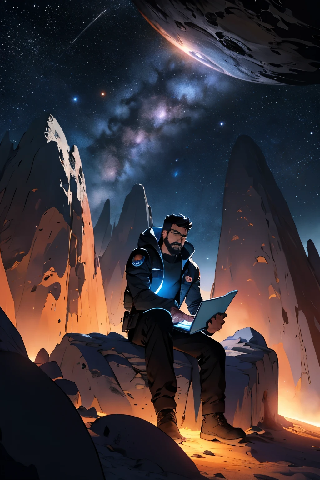 Draw a young programmer, sitting on a research platform floating in the middle of an asteroid belt. He is studying with a notebook, surrounded by several asteroids glowing with fiery auras. Dramatic lighting from distant stars and planets illuminates the scene, casting deep shadows on the suit. The young man looks confident and determined, looking at the vast and mysterious universe with wonder and respect,facial hair, cowboy shot,