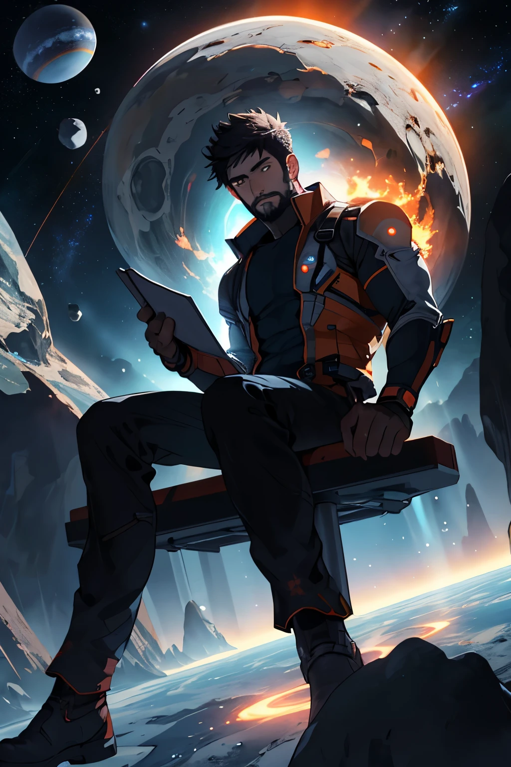 Draw a young programmer, sitting on a research platform floating in the middle of an asteroid belt. He is studying with a notebook, surrounded by several asteroids glowing with fiery auras. Dramatic lighting from distant stars and planets illuminates the scene, casting deep shadows on the suit. The young man looks confident and determined, looking at the vast and mysterious universe with wonder and respect,facial hair, cowboy shot,