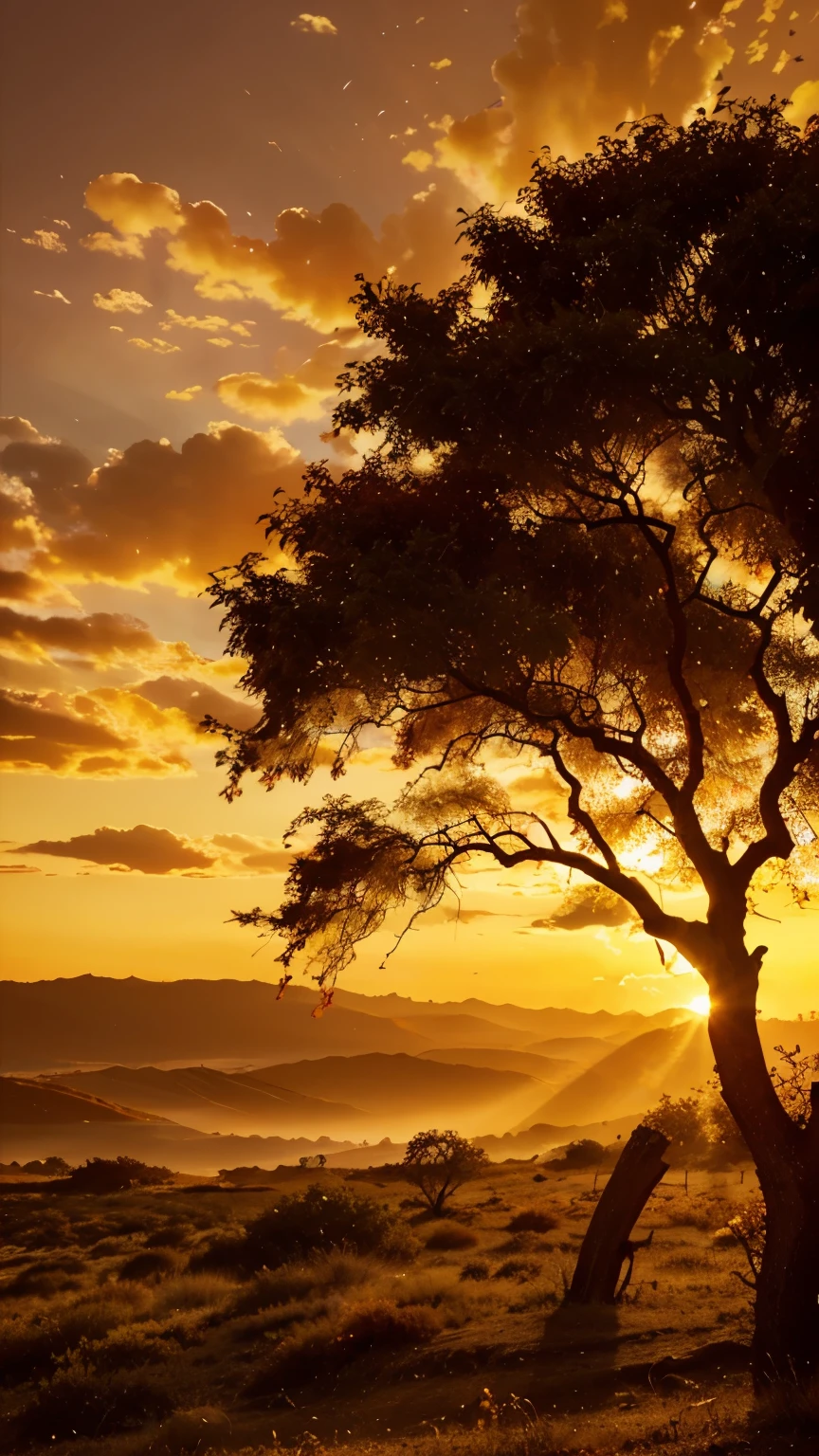 (blazing orange, fiery red, vibrant yellow, golden hues), [silhouette], super detailed sunset, [dramatic lighting], through the dry tree, [majestic view], [warm atmosphere], [peaceful serenity], [trunk texture], [branch patterns], [leaves rustling], wallpaper, 9:16, 8k