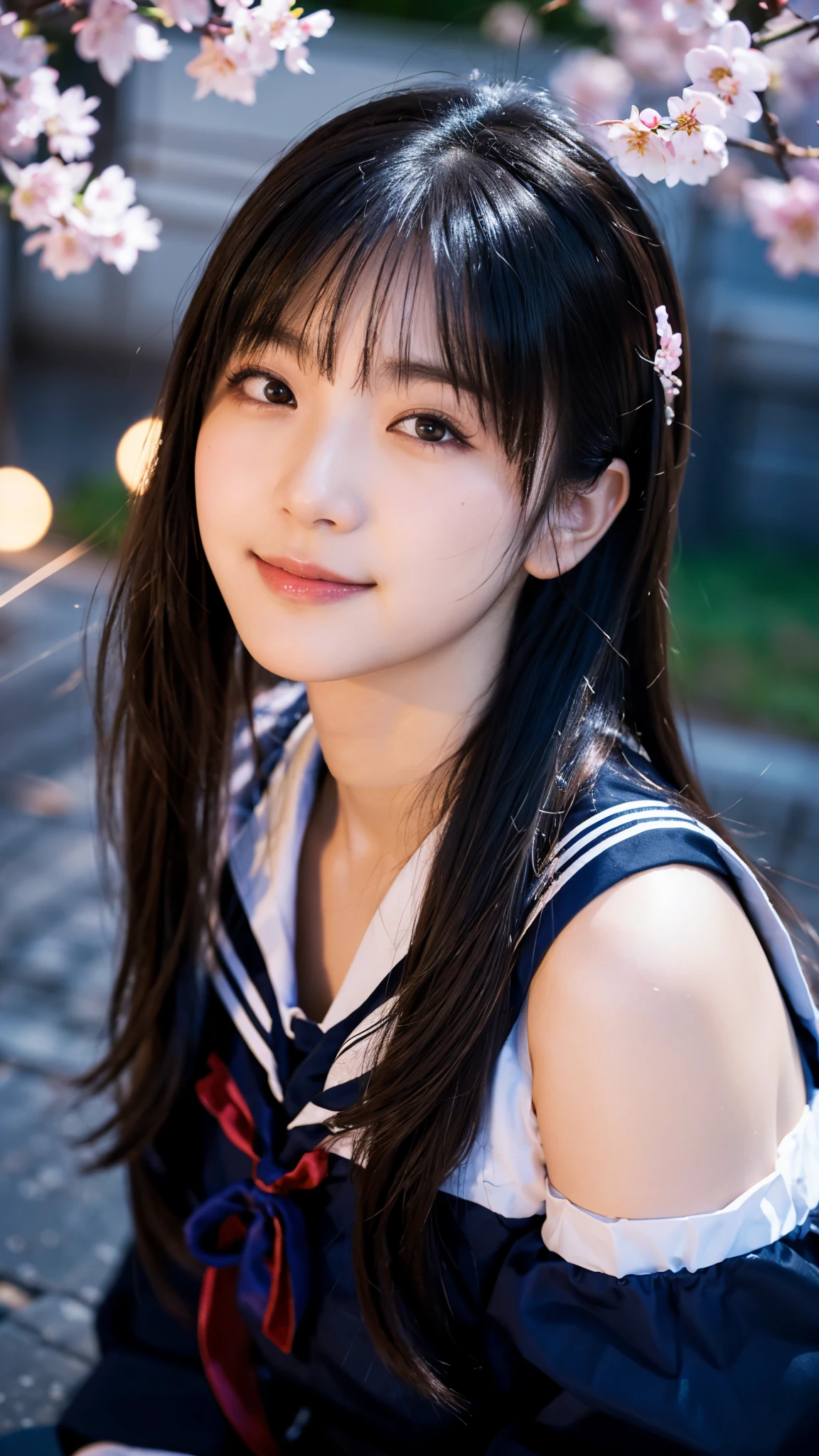 (highest quality,masterpiece:1.3,ultra high resolution),(Super detailed,caustics,8k),(photorealistic:1.4,RAW shooting),1 girl,sitting,(smile),stare at the camera,18-year-old,cute,Japanese,Black Hair Middle Hair,(sailor suit),glamorous,(big ),(face close up),(face focus),darkness,night sky,Illuminated night cherry blossoms,professional writing,(bust up shot),(Tilt composition:1.3),(low position:1.3),(Low - Angle:1.3)