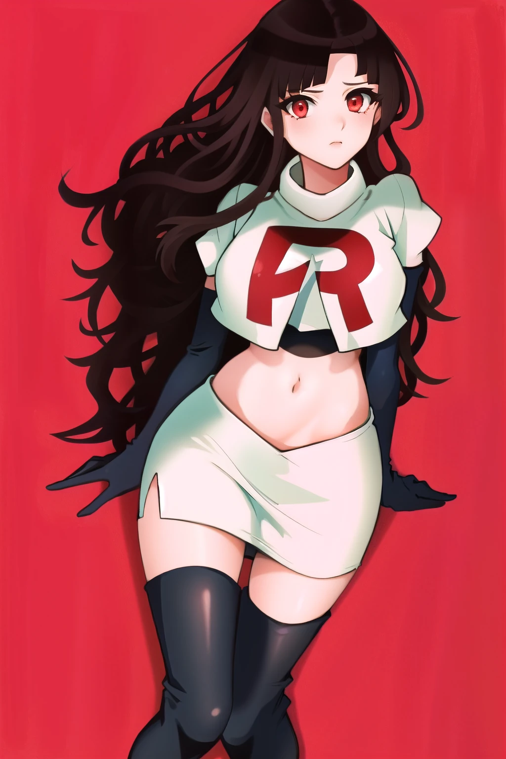 1girl, solo, messy hair, official style, face, portrait, team rocket,team rocket uniform, red letter R, white skirt,white crop top,black thigh-highs, black elbow gloves