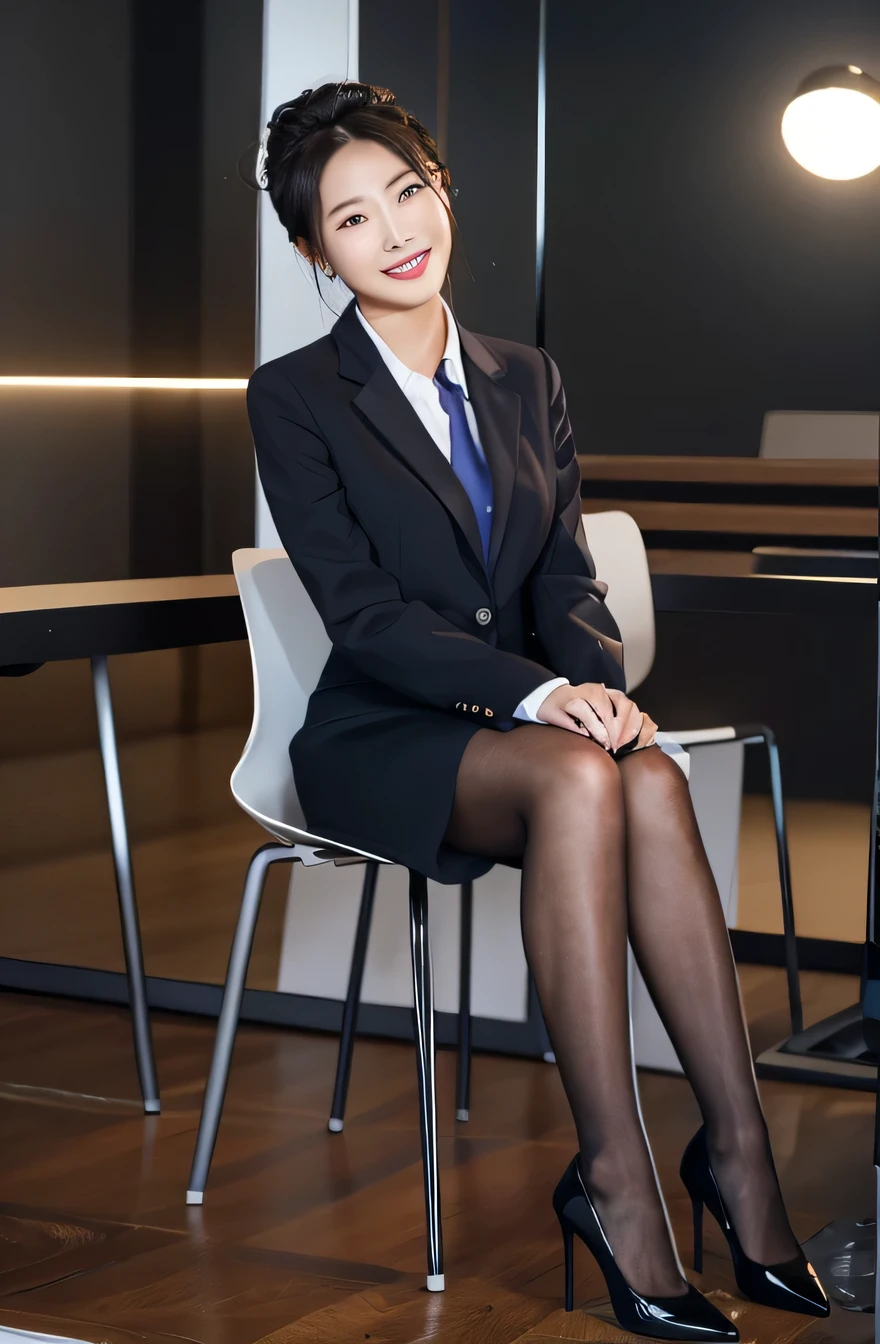 black tights、pumps、toothy smile