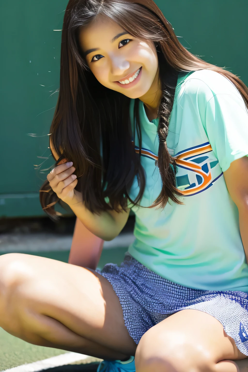 Medium long hair posing in tennis wear、Japanese female、shy smile