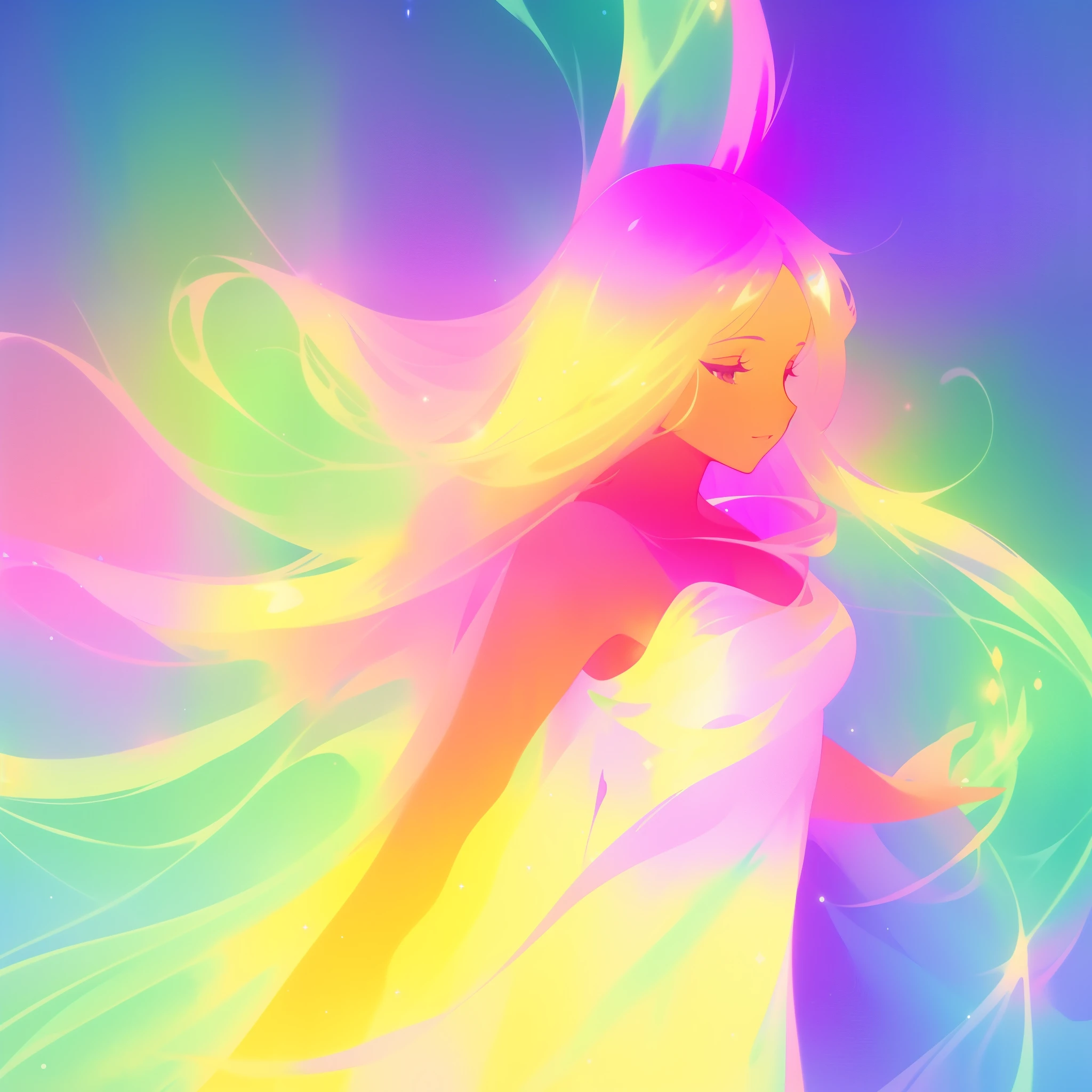 beautiful girl in simple flowing dress, long flowing colorful liquid hair, colorful fantasia background, watercolor illustration, disney art style, glowing aura around her, glowing lights, beautiful digital illustration, fantasia otherworldly landscape plants flowers, beautiful, masterpiece, best quality, anime disney style