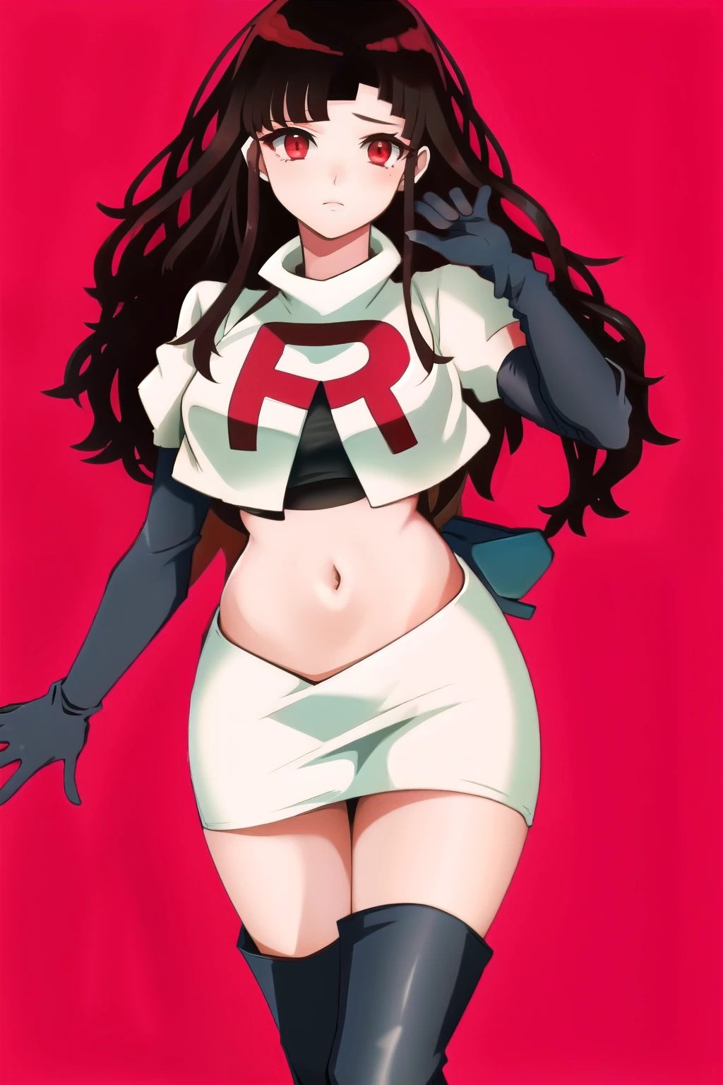 1girl, solo, messy hair, official style, face, portrait, team rocket,team rocket uniform, red letter R, white skirt,white crop top,black thigh-highs, black elbow gloves