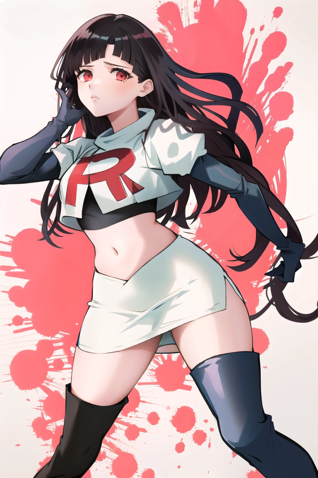 1girl, solo, messy hair, official style, face, portrait, team rocket,team rocket uniform, red letter R, white skirt,white crop top,black thigh-highs, black elbow gloves