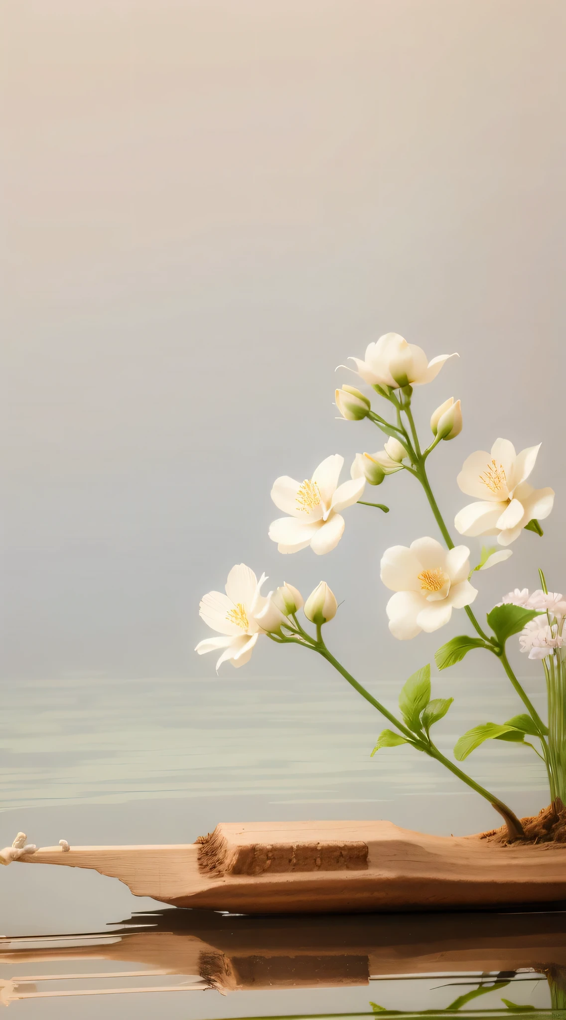 水面上的一块木头上有一个flower瓶,There are flowers on it, 茉莉flower, ikebana white flowers, White flowers, flowers in the background, background natural flower, flowers and stems, flower卉背景, 枝flower, white flowers on the floor, japanese related with flowers, flower, bloom and flowers in background, peaceful scene, Realistic illustrations, on gray background