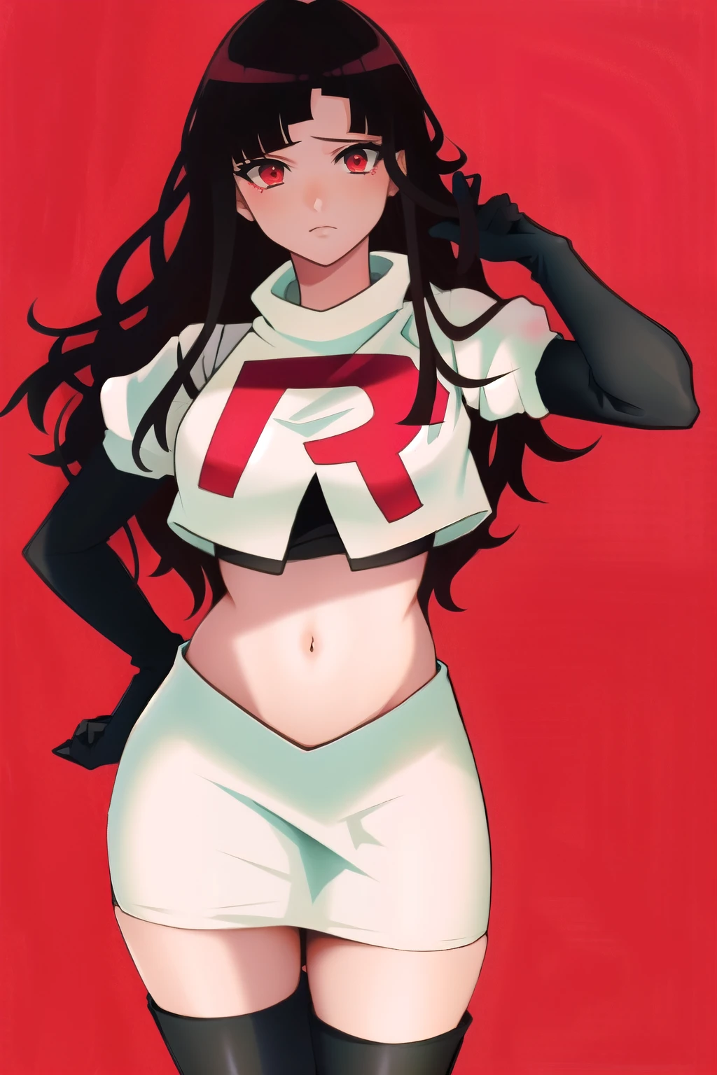 1girl, solo, messy hair, official style, face, portrait, team rocket,team rocket uniform, red letter R, white skirt,white crop top,black thigh-highs, black elbow gloves