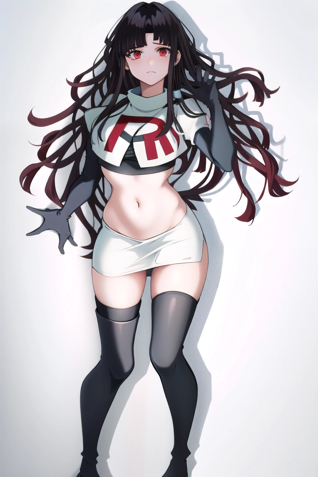 1girl, solo, messy hair, official style, face, portrait, team rocket,team rocket uniform, red letter R, white skirt,white crop top,black thigh-highs, black elbow gloves