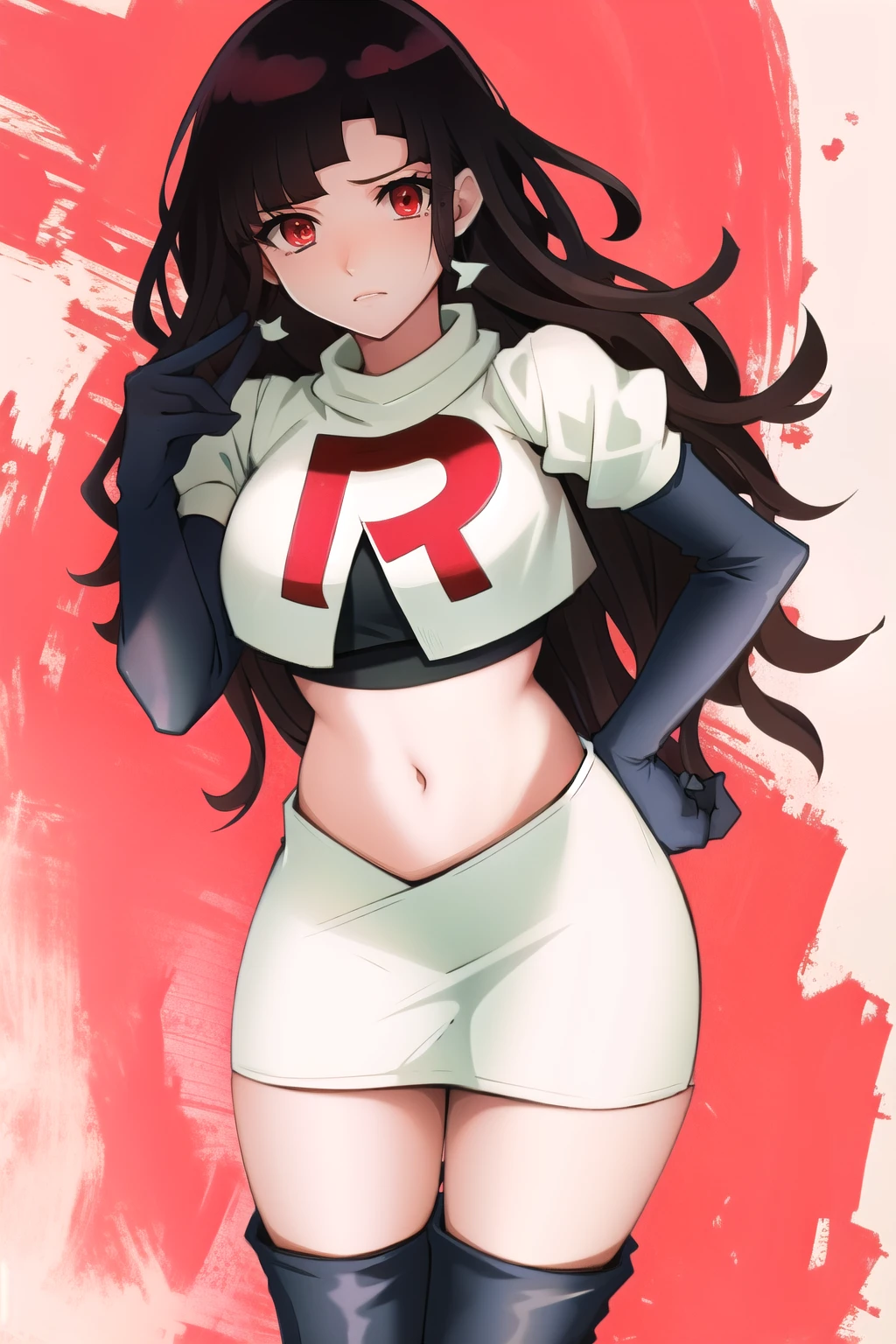 1girl, solo, messy hair, official style, face, portrait, team rocket,team rocket uniform, red letter R, white skirt,white crop top,black thigh-highs, black elbow gloves