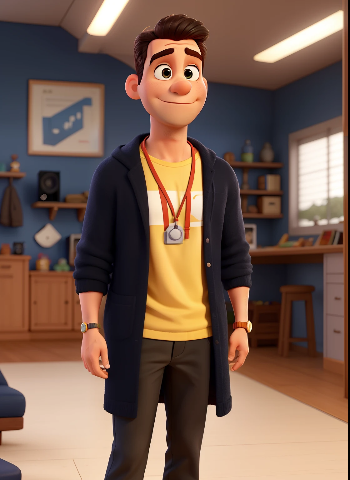 Pode melhorar barba mais rala com uns fios brancos, Make Full Body That Appear White Redley Shoes. Man stands black background on a speaker-type stage with microphone in one hand and book in the other in Disney pixar style best quality, maior qualidade.