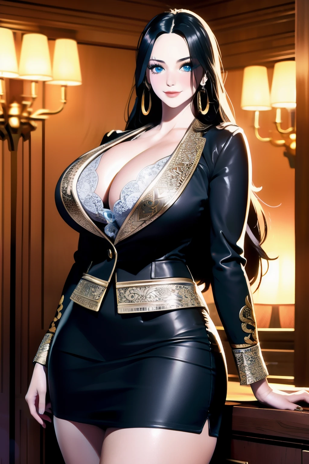 ultra realistic 8k cg, masterpiece, ((ultra detailed background, delicate pattern, intricate detail, highly detailed, fine details best quality, hyperdetailed face)), gigantic breasts ,beautiful lighting, absurdres, BoaHancockV2, 1girl, solo, black hair, long hair, jewelry, closed mouth, ), ((black skirt suit:1.1), pencil skirt, miniskirt,curvy, thighs, highheels, cleavage, shiny clothes, skin tight), blue eyes, complex detailed background, inside, luxury palace), ((cowboy shot)), curvy, gigantic breasts, seductive smile