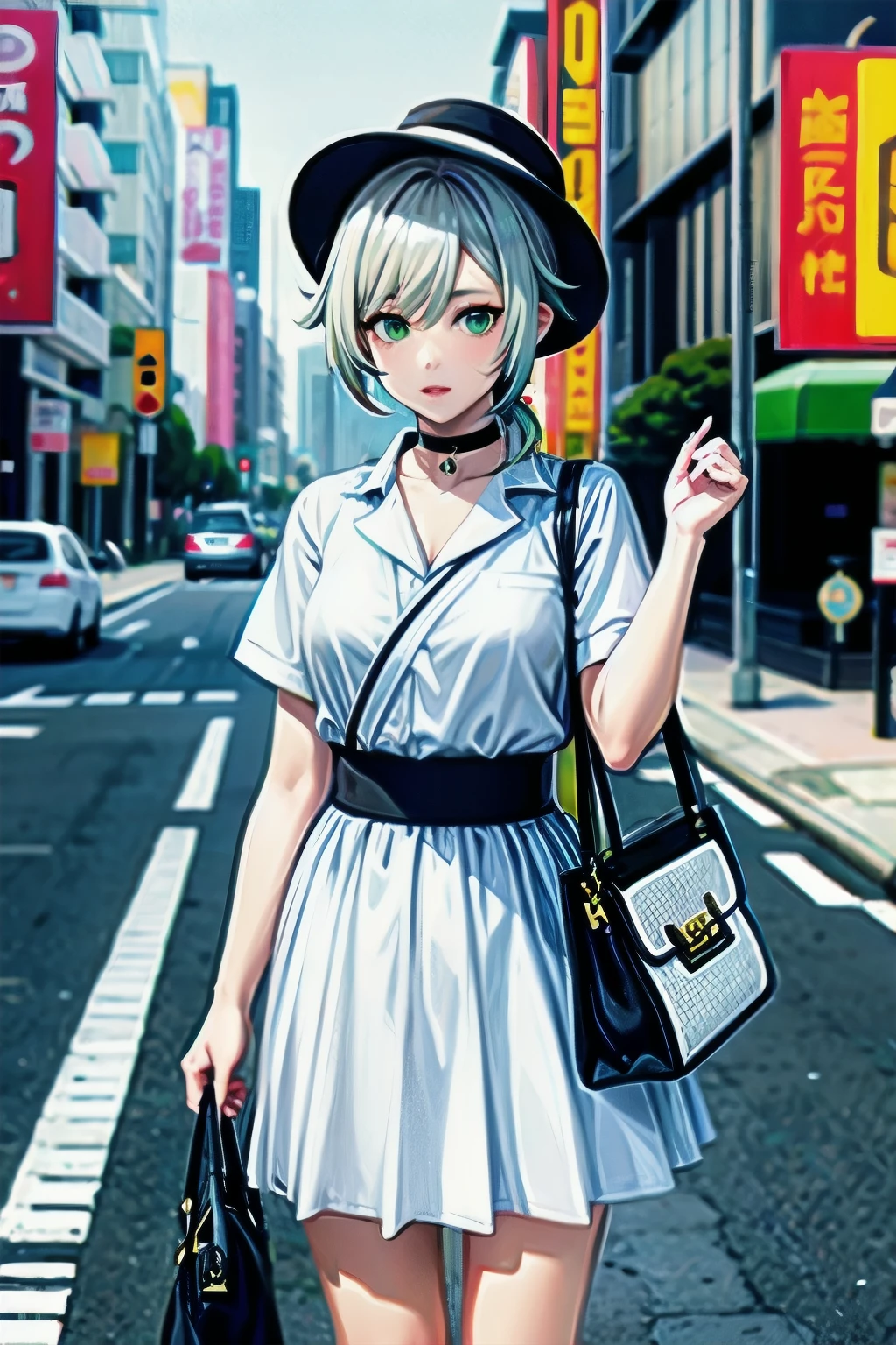 masterpiece , best quality,nahida(genshin impact), 1girl , white shirt:1.5 ,side ponytail ,white hair ,multicolored hair, green eyes,casual outfit , hat , black choker, bag , green hair,busy road , city life