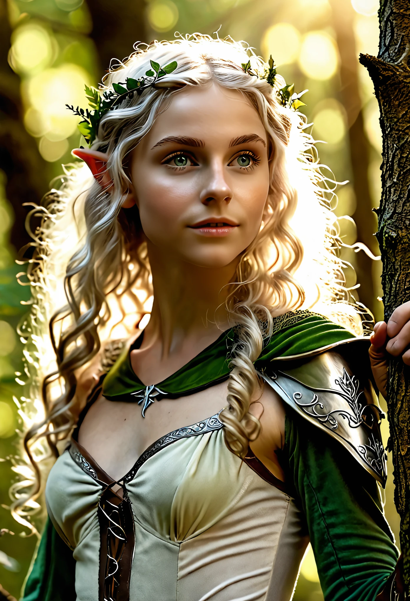 (Realistic:1.4), full nude photo of 18 years old elf ranger in the forest, pale curly disheveled hair, delicate features of a thin face, cute sexy, perfect full body, Fantasy style, 8K, proffesional photography, Hi-Def, lifelike skin, Without cosmetics, background of the Middle Ages, The sun shines its rays through the treetops, bokeh