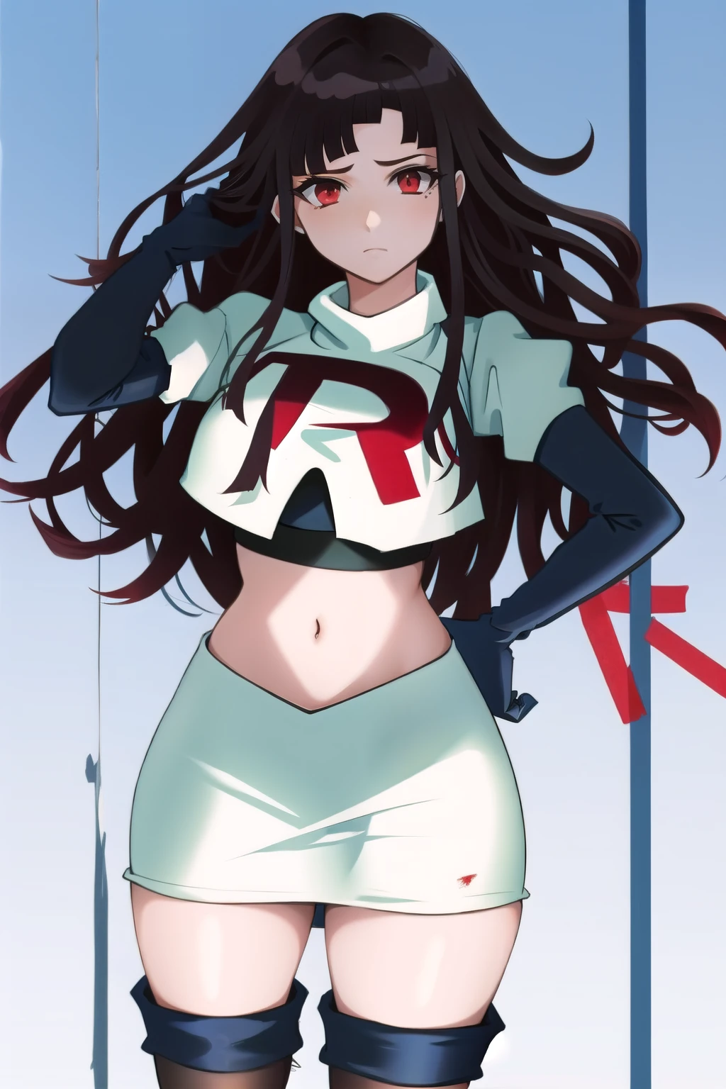 1girl, solo, messy hair, official style, face, portrait, team rocket,team rocket uniform, red letter R, white skirt,white crop top,black thigh-highs, black elbow gloves