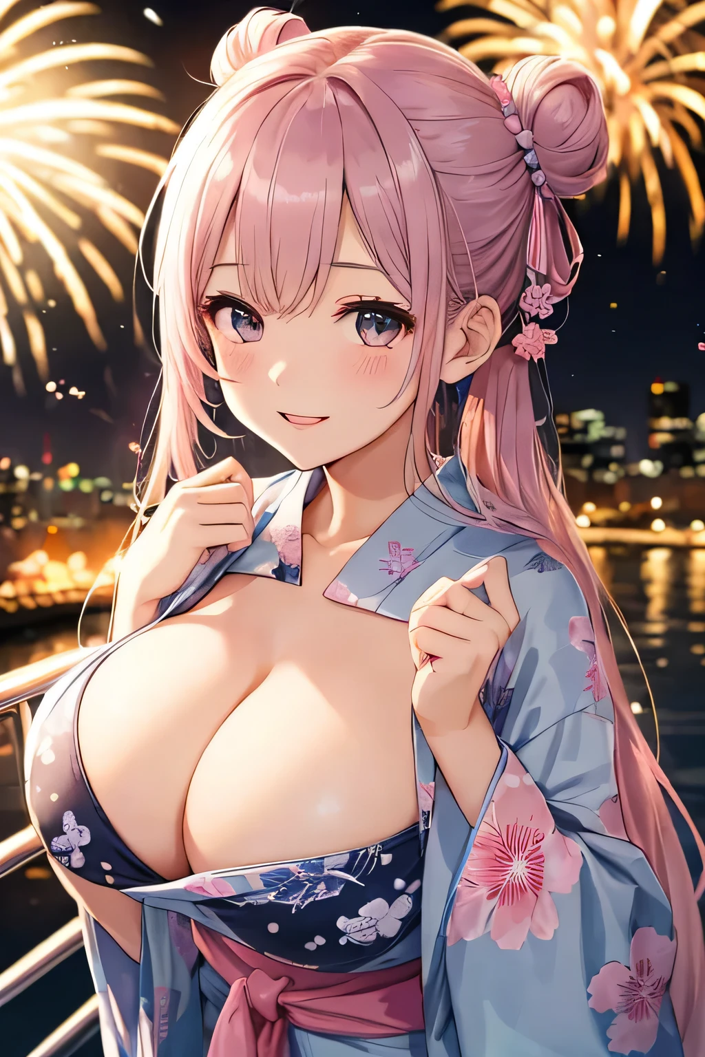 highest quality、High resolution、detailed background、clearな10代の美少女、clear、(huge breasts:1.5)、(night view、firework、from the top of the pleasure boat:1.2)、Look at me happily、
Yukata with bright colors and patterns、pink or light blue cherry blossom pattern、cute hairstyle、tie hair、bun hair、emphasize the chest、emphasize cleavage