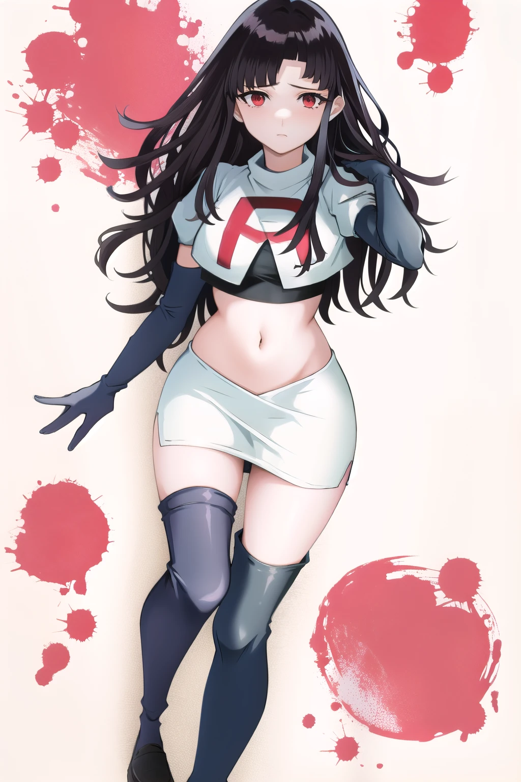 1girl, solo, messy hair, official style, face, portrait, team rocket,team rocket uniform, red letter R, white skirt,white crop top,black thigh-highs, black elbow gloves