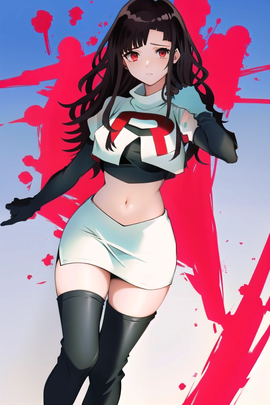 1girl, solo, messy hair, official style, face, portrait, team rocket,team rocket uniform, red letter R, white skirt,white crop top,black thigh-highs, black elbow gloves