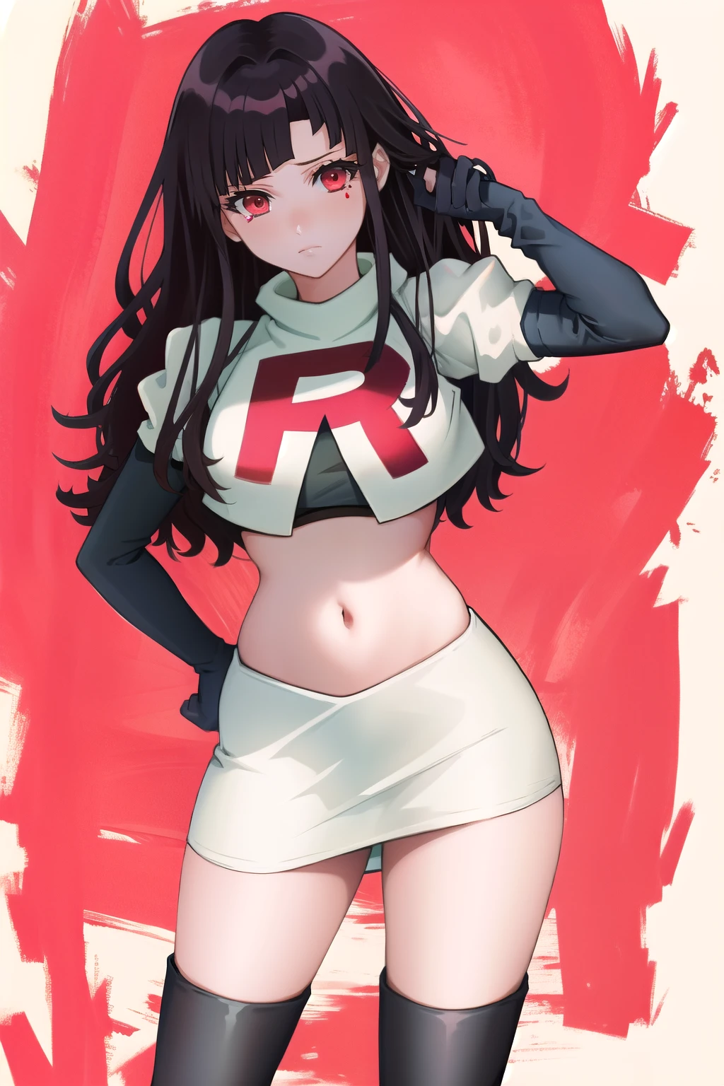 1girl, solo, messy hair, official style, face, portrait, team rocket,team rocket uniform, red letter R, white skirt,white crop top,black thigh-highs, black elbow gloves