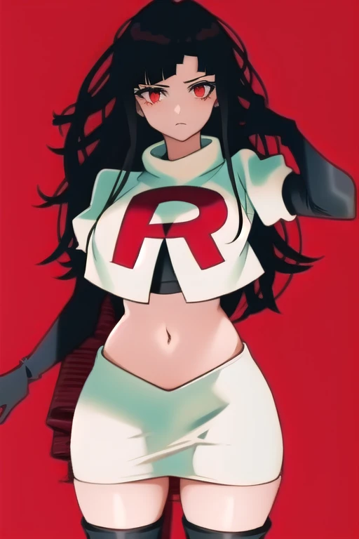 1girl, solo, messy hair, official style, face, portrait, team rocket,team rocket uniform, red letter R, white skirt,white crop top,black thigh-highs, black elbow gloves