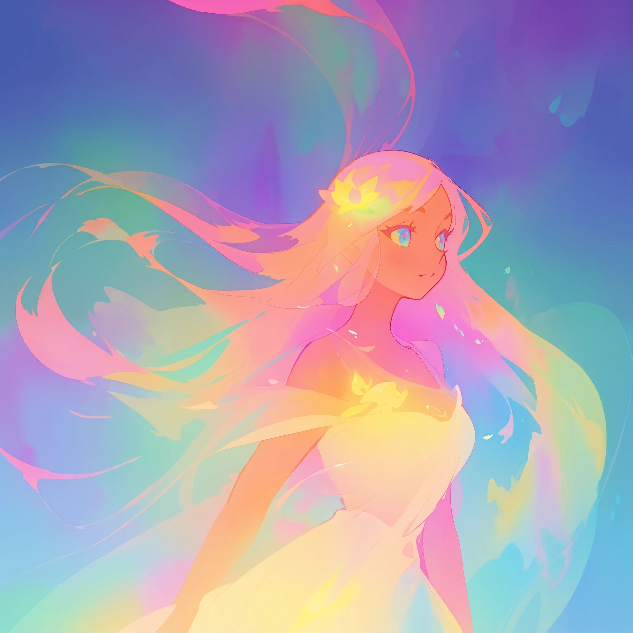 beautiful girl in simple ballgown dress, long flowing colorful liquid hair, colorful fantasia background, watercolor illustration, disney art style, glowing aura around her, glowing lights, beautiful digital illustration, fantasia otherworldly landscape plants flowers, beautiful, masterpiece, best quality, anime disney style