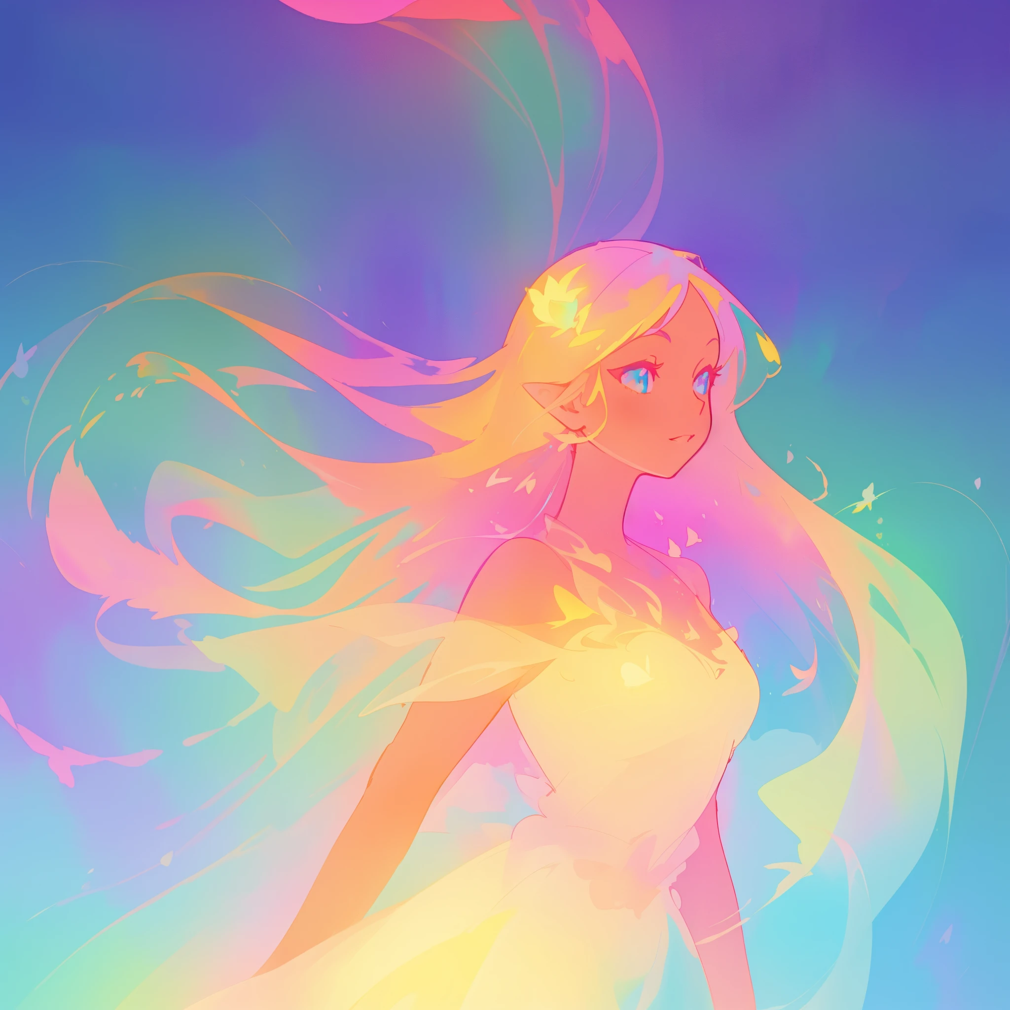 beautiful girl in simple ballgown dress, long flowing colorful liquid hair, colorful fantasia background, watercolor illustration, disney art style, glowing aura around her, glowing lights, beautiful digital illustration, fantasia otherworldly landscape plants flowers, beautiful, masterpiece, best quality, anime disney style