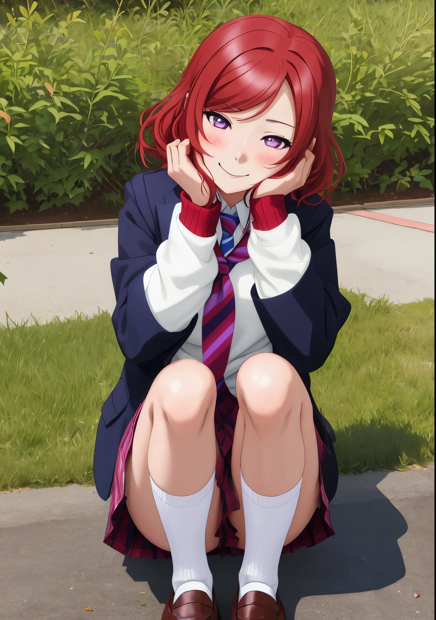 Nishikino maki, purple eyes,looking_at_viewer, blush, smile, sitting, closed_mouth, school_uniform, full_body, thighs, red_hair, outdoors, shoes, day, socks, striped, miniskirt, brown_footwear, sunlight, blazer, grass, white_socks, blue_jacket, loafers, knees_up, head_rest, winter_uniform, otonokizaka_school_uniform