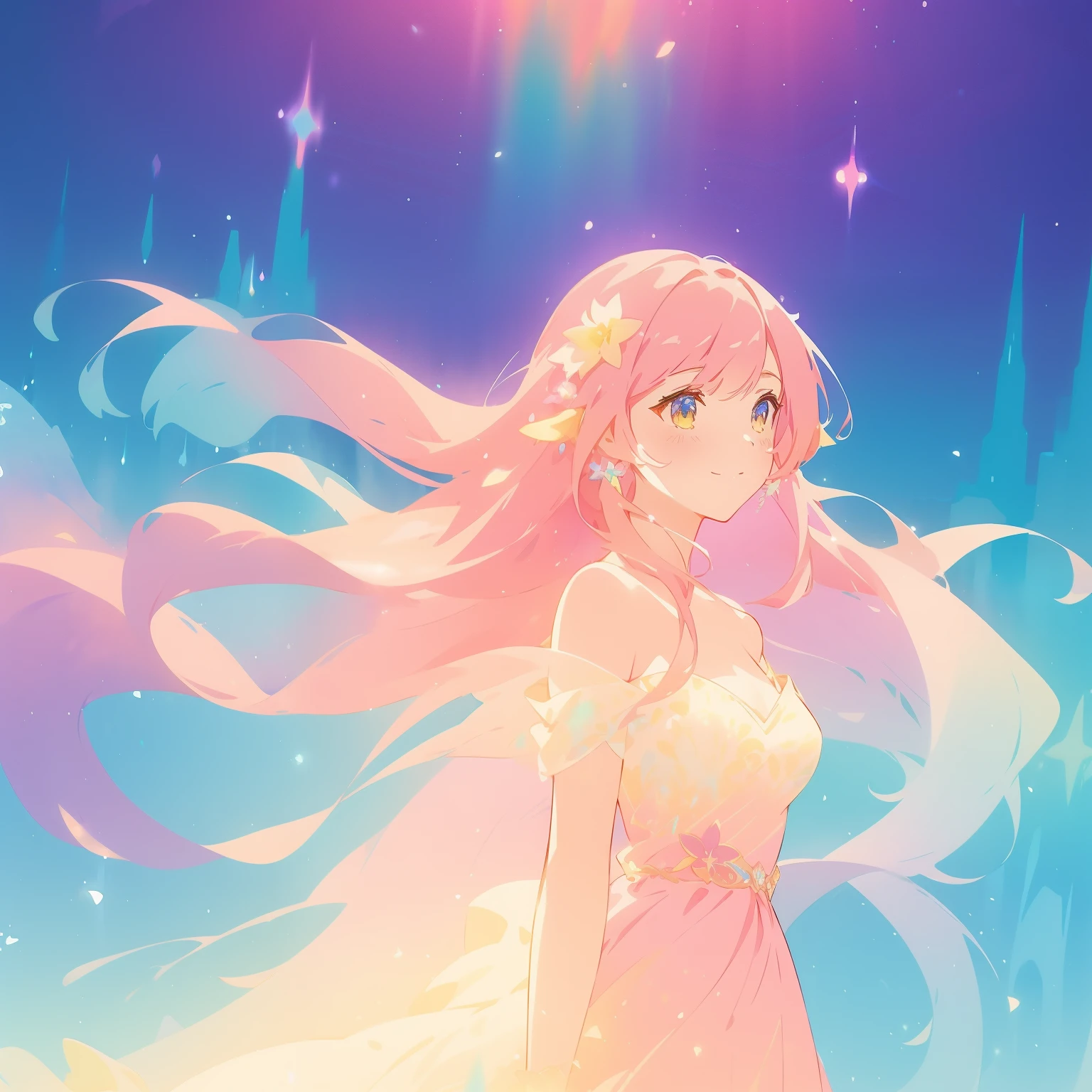 beautiful girl in simple ballgown dress, long flowing colorful liquid hair, colorful fantasia background, watercolor illustration, disney art style, glowing aura around her, glowing lights, beautiful digital illustration, fantasia otherworldly landscape plants flowers, beautiful, masterpiece, best quality, anime disney style
