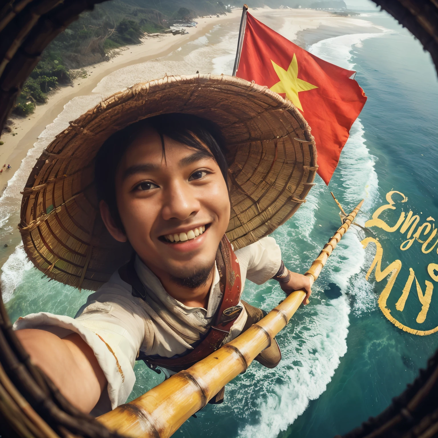 Vietnam flag, 1man, smiling, russian, wears bamboo hat, flying over Muine beach on bamboo stick, from above, cinematic, anatomically correct, textured skin, official art, unity 8k wallpaper, ultra detailed, masterpiece, best quality,