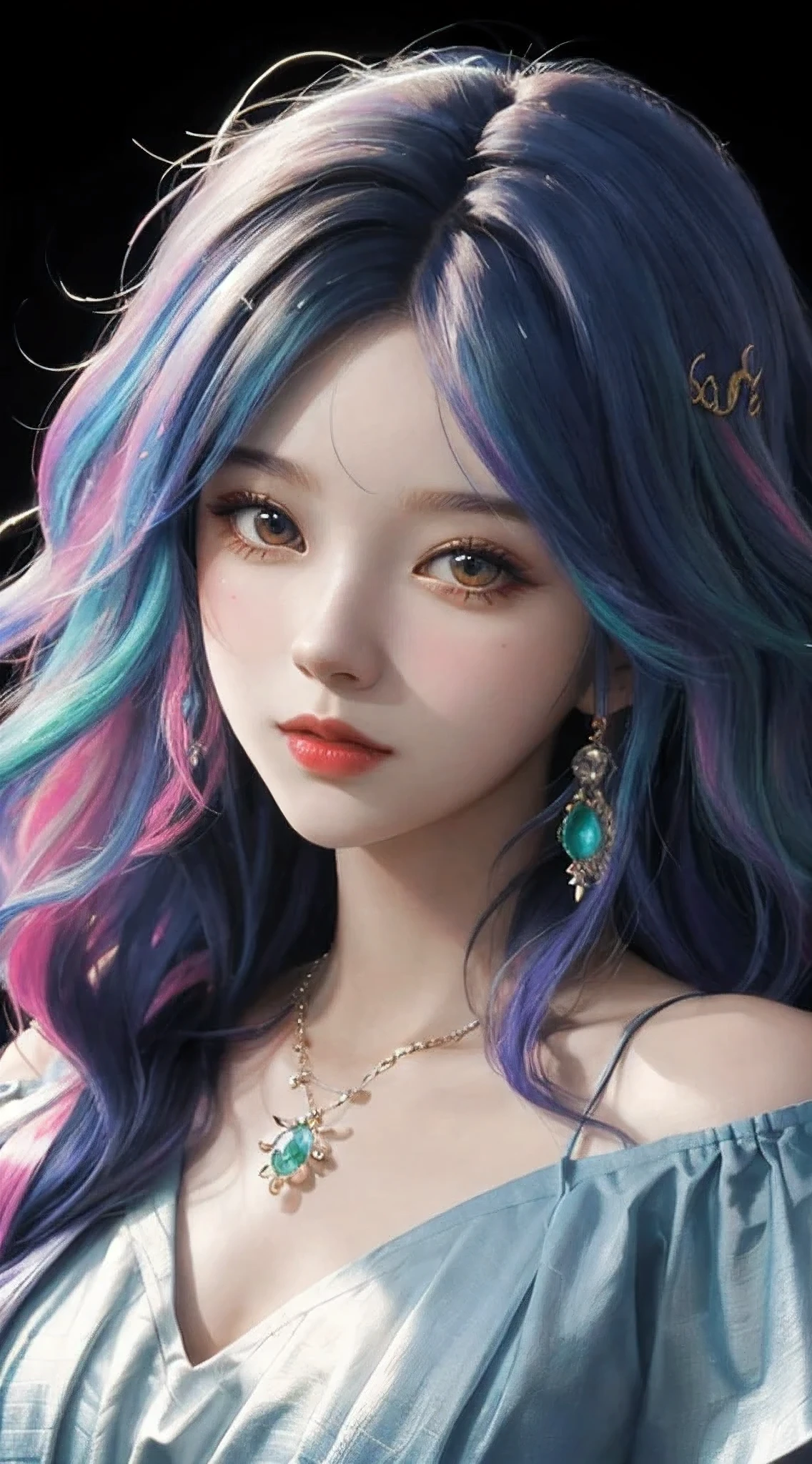 18 years old, incomparable white face, close-up of a woman, black background, hanging with colorful jewelry, off-the-shoulder clothes, colorful, fantasy art style, colorful pastel, beautiful colorful hair, cute colorful cute, anime style. 8k, beautiful and colorful, anime girl with cosmic hair, inspired by Seihiko-kun, colorful aesthetics, colorful dreams, colorful, ((beautiful fantasy queen))