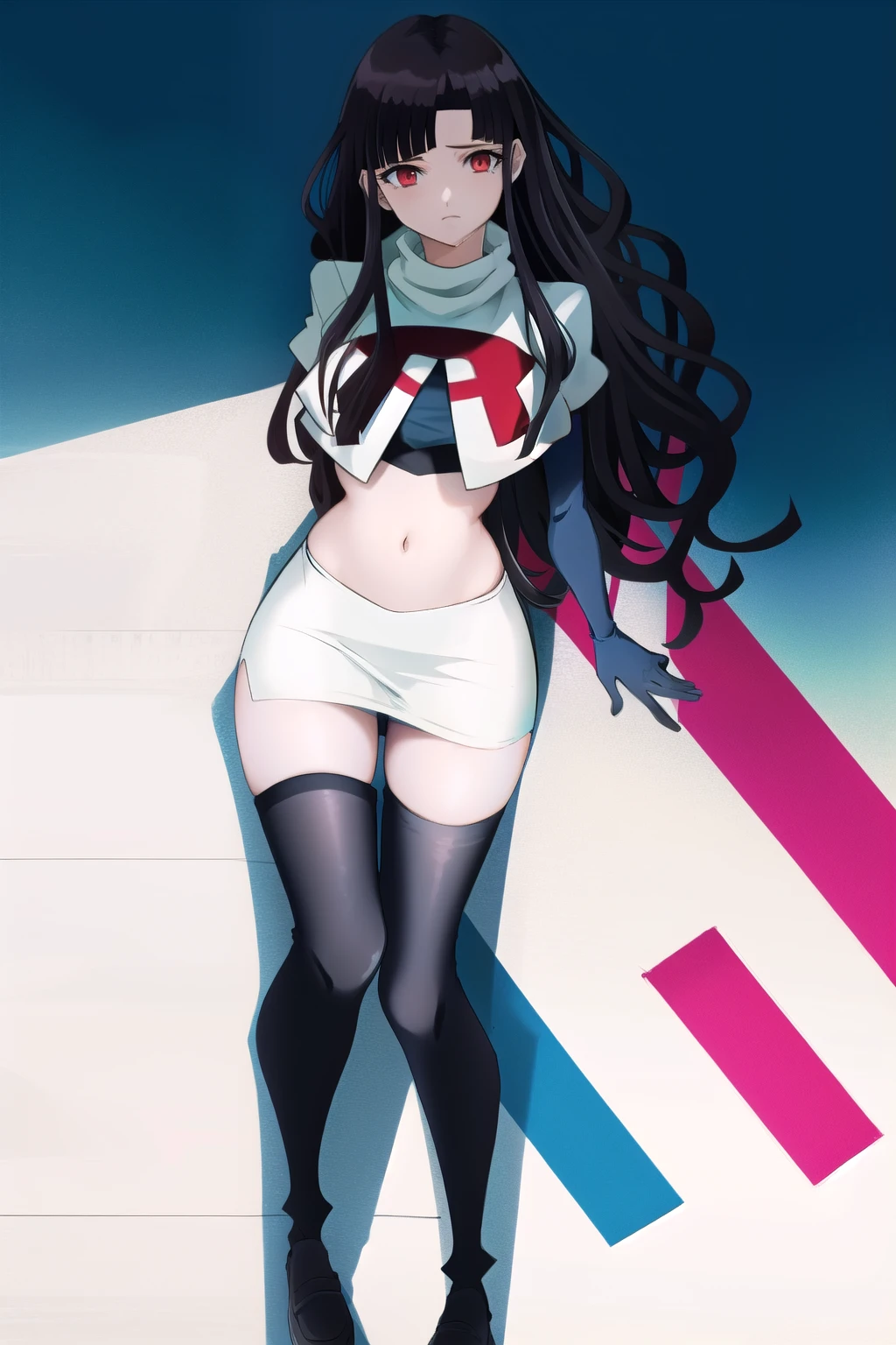 1girl, solo, messy hair, official style, face, portrait, team rocket,team rocket uniform, red letter R, white skirt,white crop top,black thigh-highs, black elbow gloves