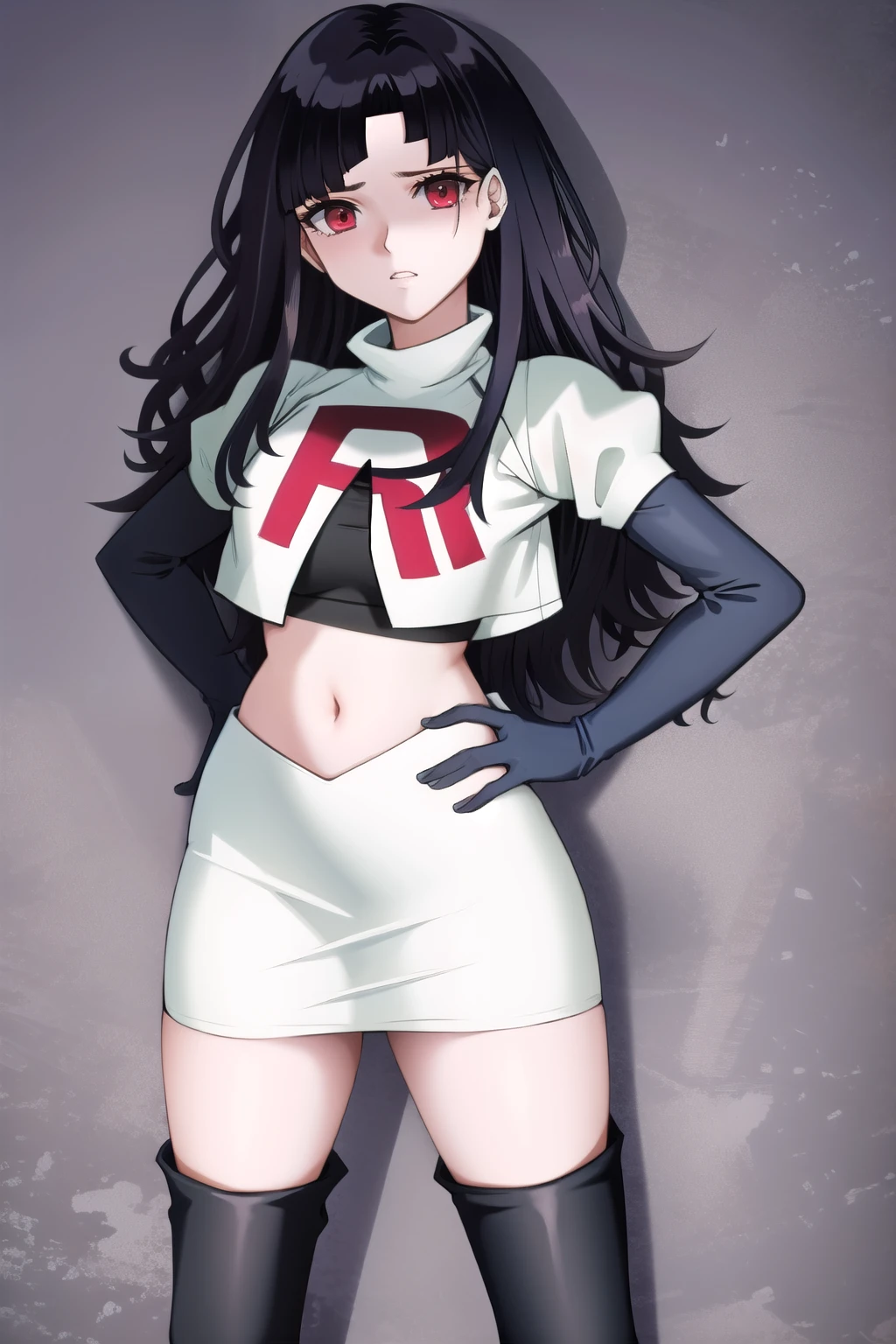 1girl, solo, messy hair, official style, face, portrait, team rocket,team rocket uniform, red letter R, white skirt,white crop top,black thigh-highs, black elbow gloves