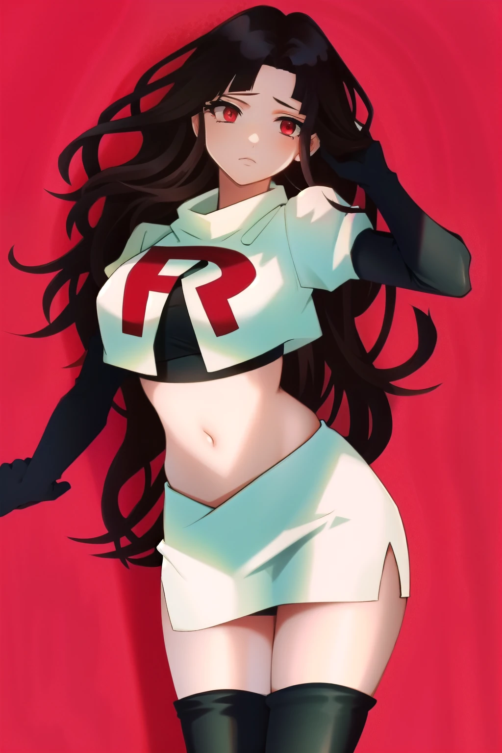 1girl, solo, messy hair, official style, face, portrait, team rocket,team rocket uniform, red letter R, white skirt,white crop top,black thigh-highs, black elbow gloves