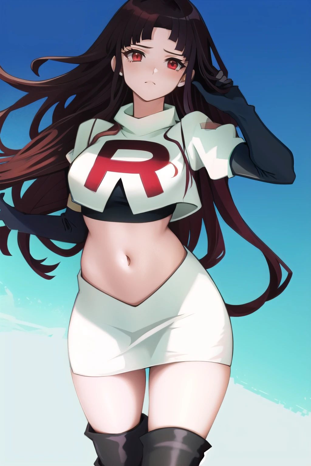 1girl, solo, messy hair, official style, face, portrait, team rocket,team rocket uniform, red letter R, white skirt,white crop top,black thigh-highs, black elbow gloves