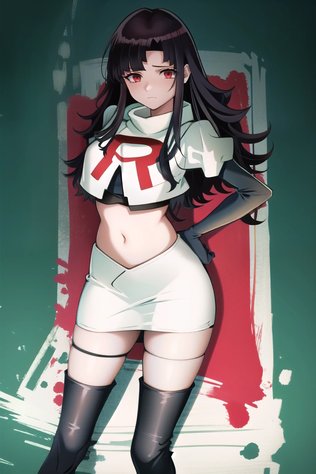 1girl, solo, messy hair, official style, face, portrait, team rocket,team rocket uniform, red letter R, white skirt,white crop top,black thigh-highs, black elbow gloves