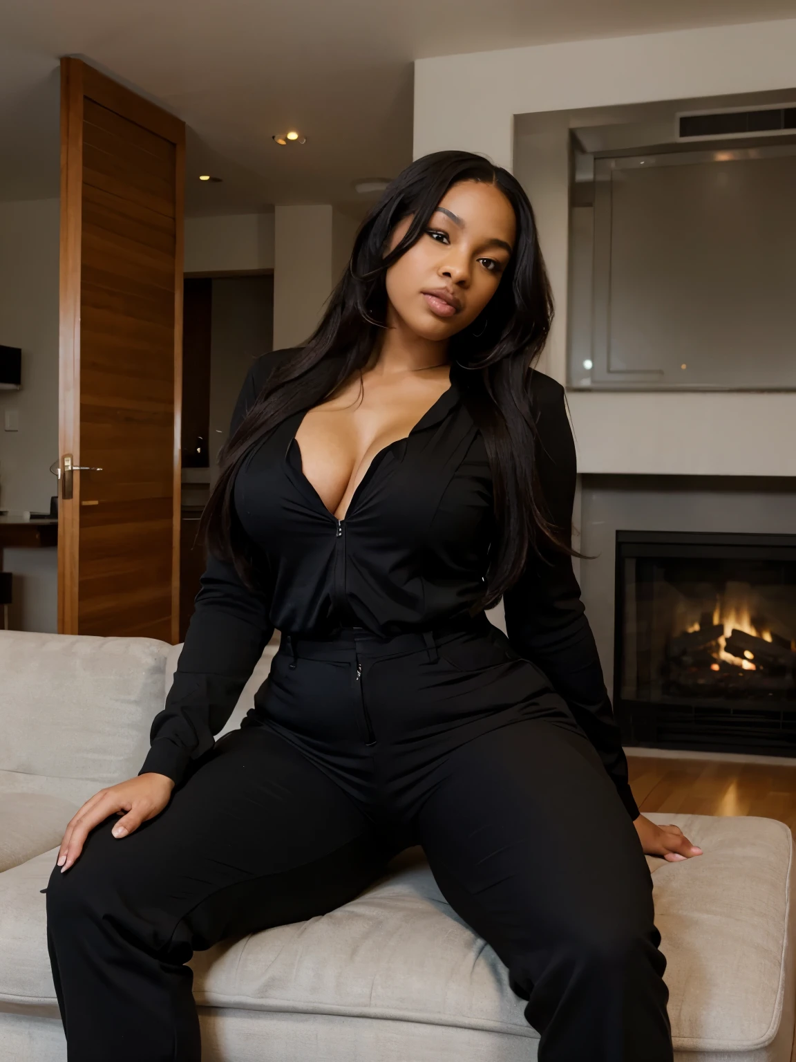 Mixed black ethnicity, curvy girl , wearing sexy pantsuits , long hair , on living room