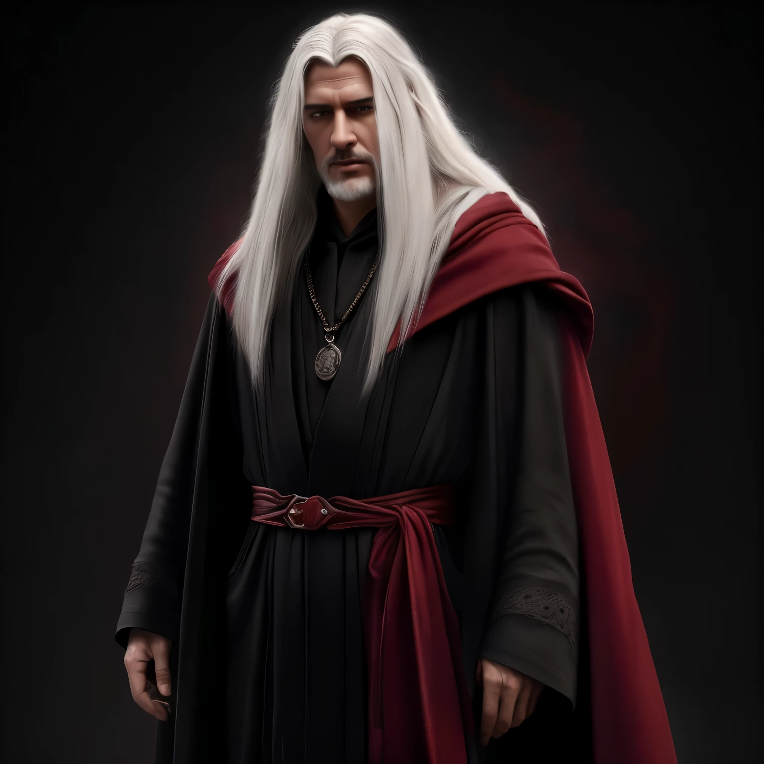 renaissance style, UHD, perfect composition, ((Extremely realistic)) ((Extremely detailed)) ((anatomically correct)) full body portrait of a (Disgruntled) (((clean-shaven))) (((Oval face))) revenant (wizard) with (((long white hair))), wearing (((textured layered black robes))) with (loose sleeves) and (((tattered crimson-red cloak))), horror, ((angled pose)), black background, greg rutkowski, Robert Oxley, concept art, vfx, intricate, high detail, 8k resolution, hyperrealistic, chiaroscuro, full body shot, complex, textured, trending on /r/art, anatomically correct, octane render, fantasy, medieval, very beautiful, atmospheric perspective, hard lighting, epic, powerful, rule of thirds, -ar 16:9, -stylize 60000, -quality 5