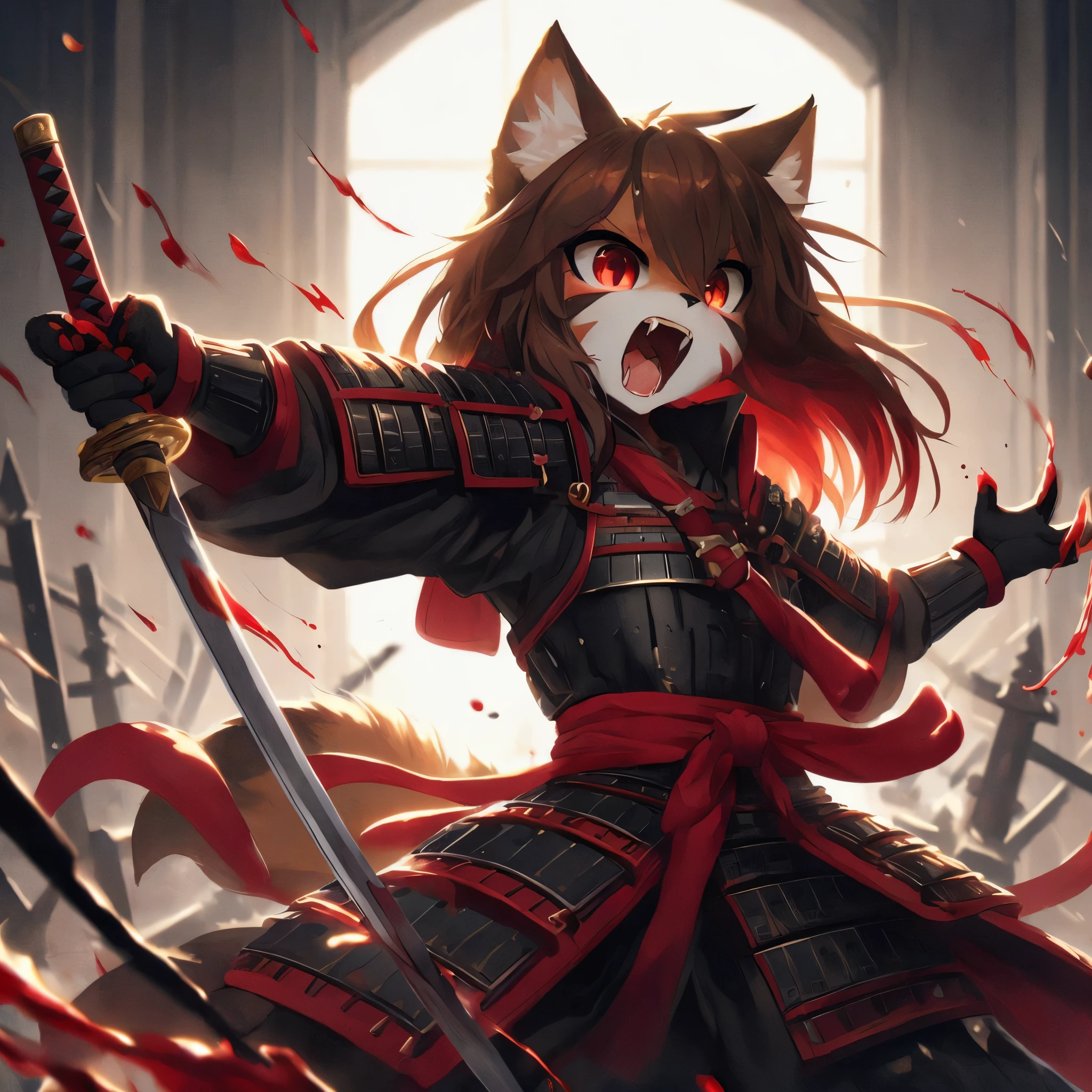 Kemono-style anthropomorphic female cat, with brown hair with red tips, wearing black and red samurai armor, making a vertical attack movement with her sword using both hands, blood flies through the air, inside a castle, in the throne room, screaming of emotion with determination, anime style, impactful, motion blur, dark lighting