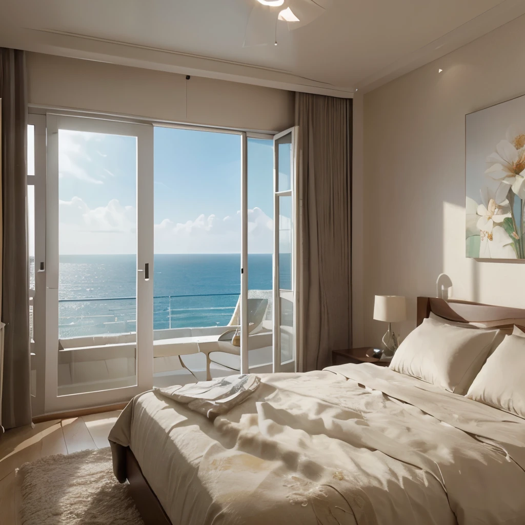 Beautiful Ultra realistic room, conformable, harmony, warm, cozy, an Ultra realistic white bed, Ultra realistic flower paintings, Ultra realistic sea view valcon, Ultra realistic large windows