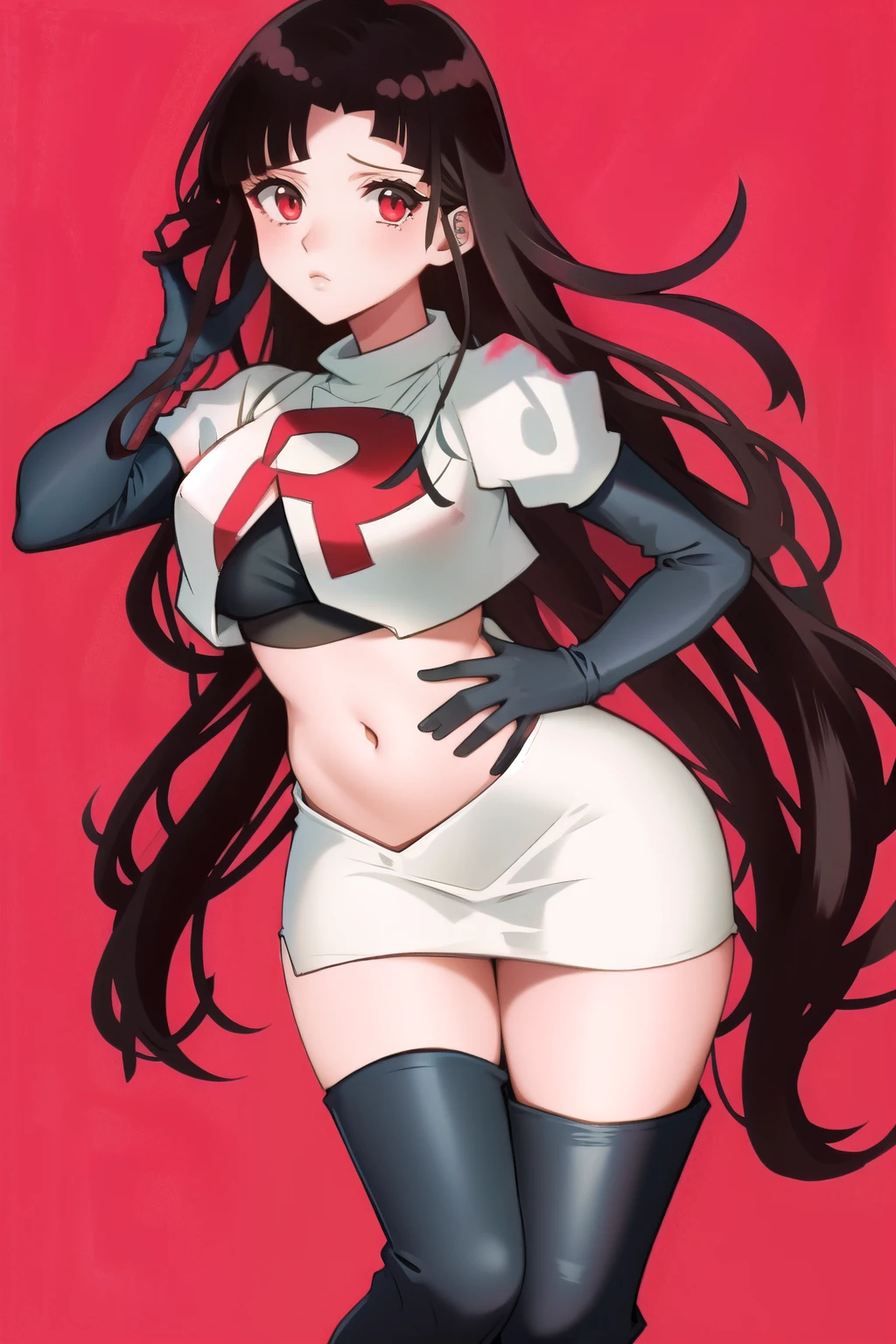 1girl, solo, messy hair, official style, face, portrait, team rocket,team rocket uniform, red letter R, white skirt,white crop top,black thigh-highs, black elbow gloves