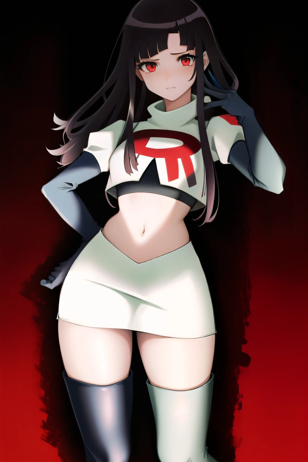 1girl, solo, messy hair, official style, face, portrait, team rocket,team rocket uniform, red letter R, white skirt,white crop top,black thigh-highs, black elbow gloves