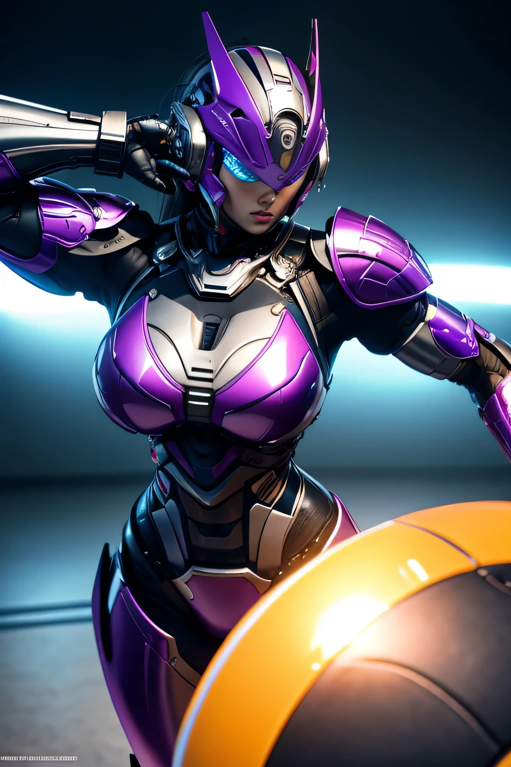 A perfect sexy and beautiful, exuberant and very young cybernetic android warrior with black African and oriental features, Japanese and Chinese, mixed with the clone of the Greek warrior goddess Athena, with huge super ultra mega giant breasts, Brunetette, very tanned and sweaty, huge ass, steep, HARD AND MUSCULOUS, Purple colored eyes, transformed into a super sensual and extremely super ULTRA HIPER muscular astronaut goddess, fitness, bodybuilder, fit bodybuilder and weightlifter, very muscular thighs wearing very short punk style hair, super radical and purple and very smooth in locks, wearing sexy cyberpunk battle outfits, seen in the form of a hologram made only of light energy, coastal view, administrator and leader, queen goddess of a gigantic fleet of thousands of spaceships and hundreds of planets of her powerful stellar empire running courageously across the bridge of a star cruiser wearing a holographic helmet in the Corinthian battle format with a visor and horsehair topknot, of luminous Athenian warrior, electronic and futuristic