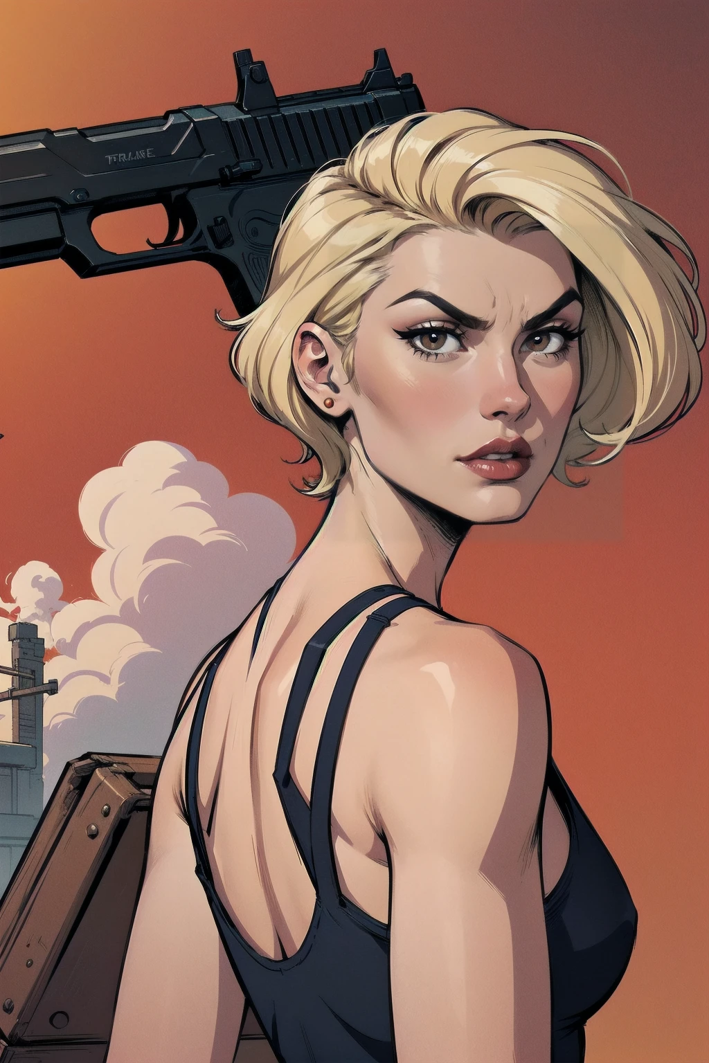 a woman with short blond hair, hair on shoulders, wearing a red tank top, small breasts and jeans, brown eyes, wife of preacher, tulip ohare, toon aesthetic, wearing red lipstick, look like tulip ohare (comics) (preacher) (vertigo), smoking, pointing a gun, serious face, upper body, backwards, looking back